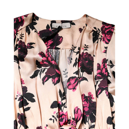Laneus Pink Floral Silk Long Sleeves V-neck Ruched Mini Dress