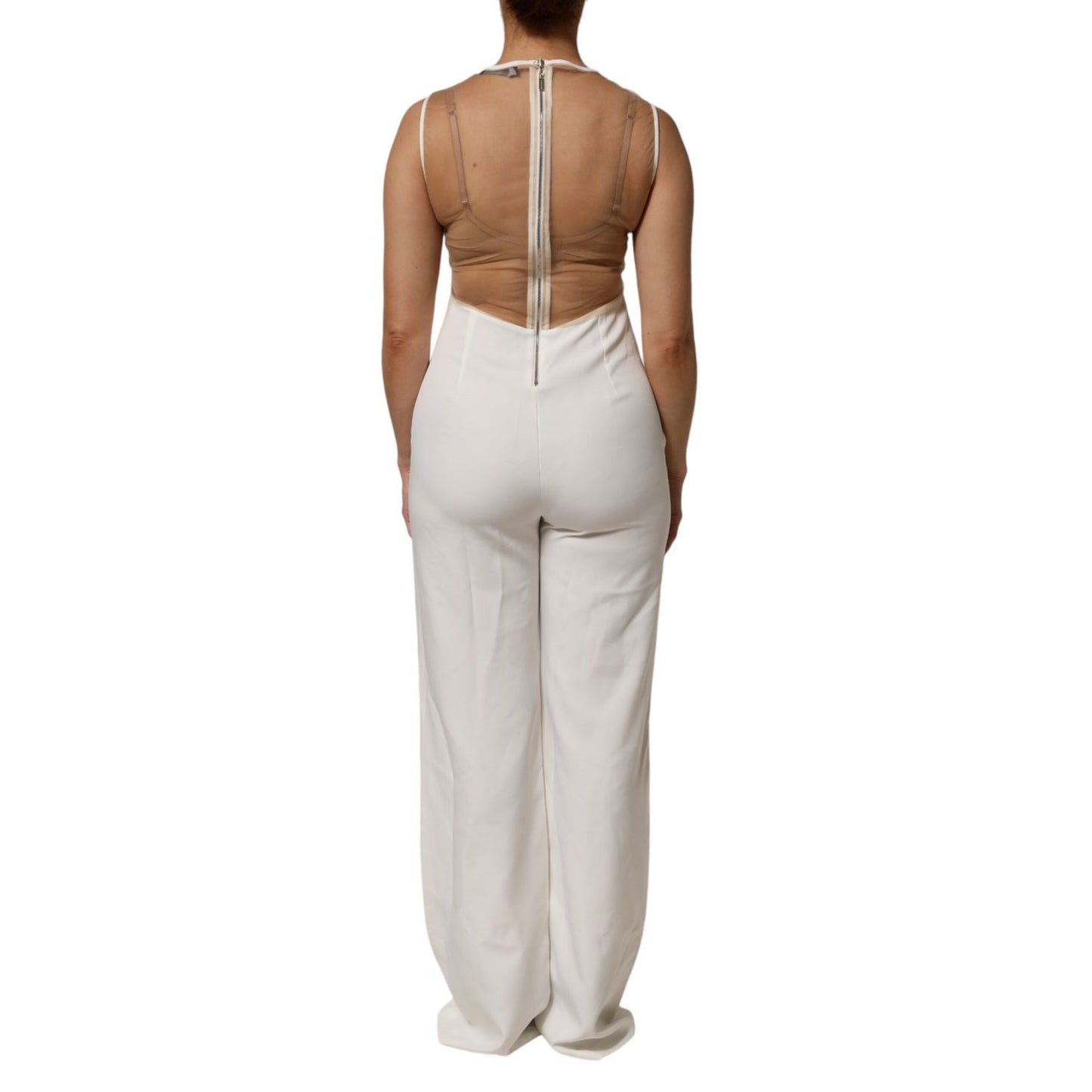 Mangano White Beige Mesh Crystal Embellished Sleeveless Jumpsuit Mangano