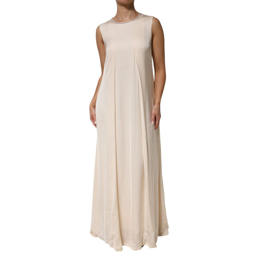 Peserico Beige Viscose Pleated Sleeveless Long Maxi Dress Peserico