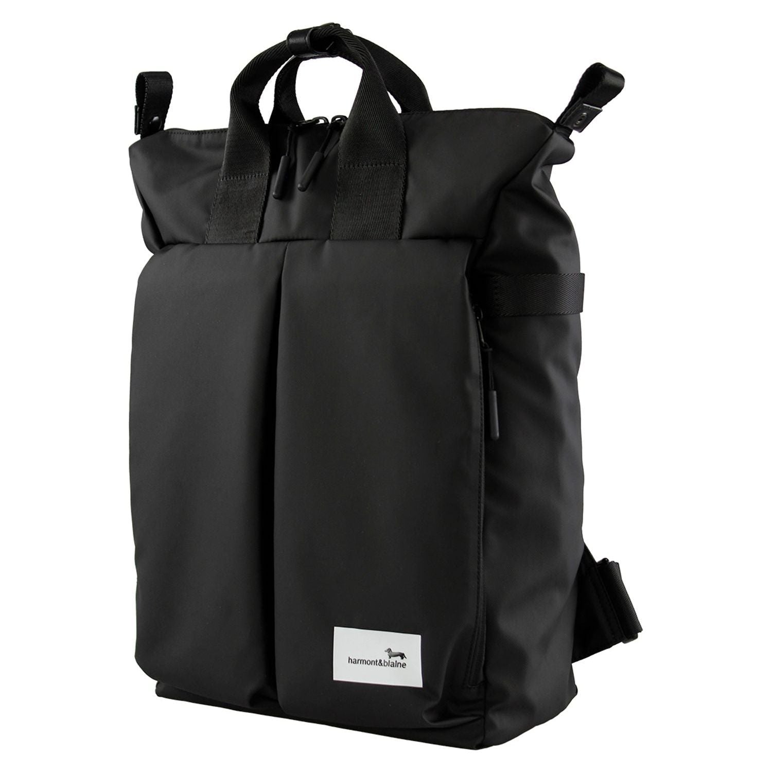 Front view with bag zipped and handles upright.