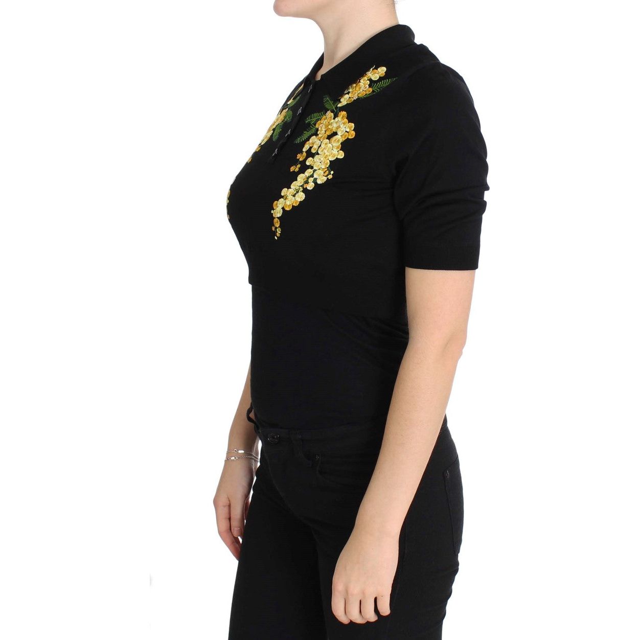 Dolce & Gabbana | Black Silk Floral Embroidered Polo Top | McRichard Designer Brands
