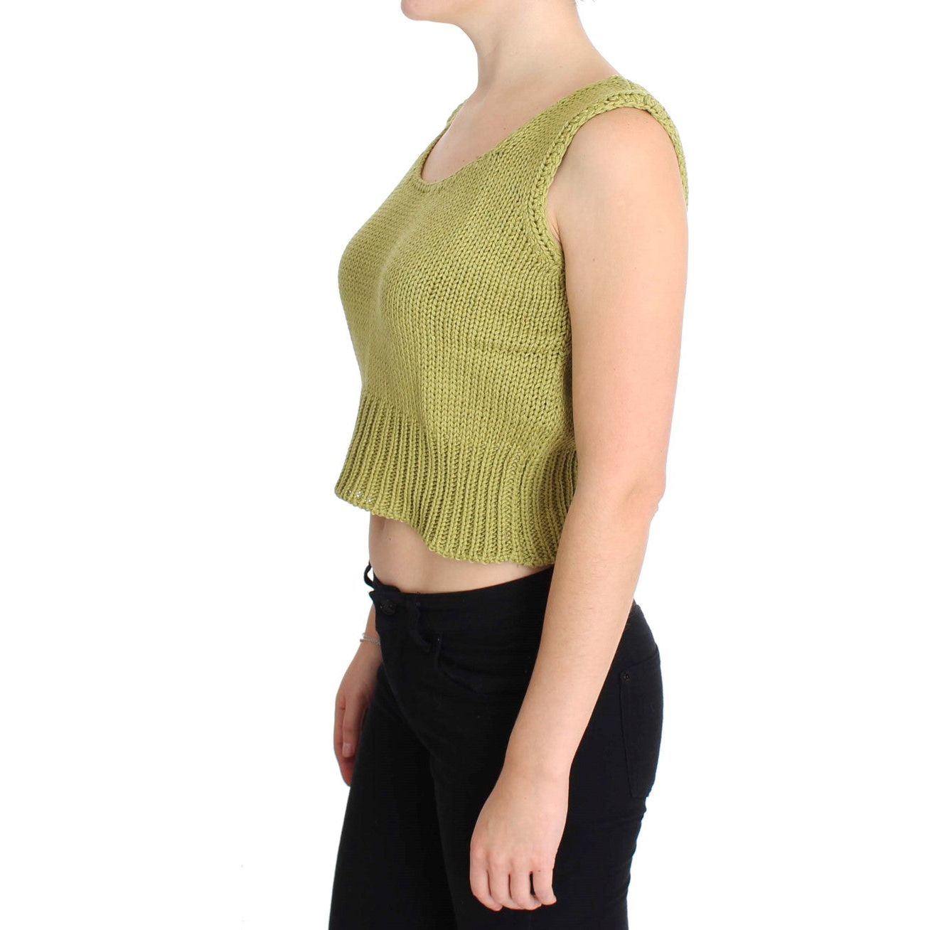 PINK MEMORIES | Green Cotton Blend Knitted Sleeveless Sweater | McRichard Designer Brands
