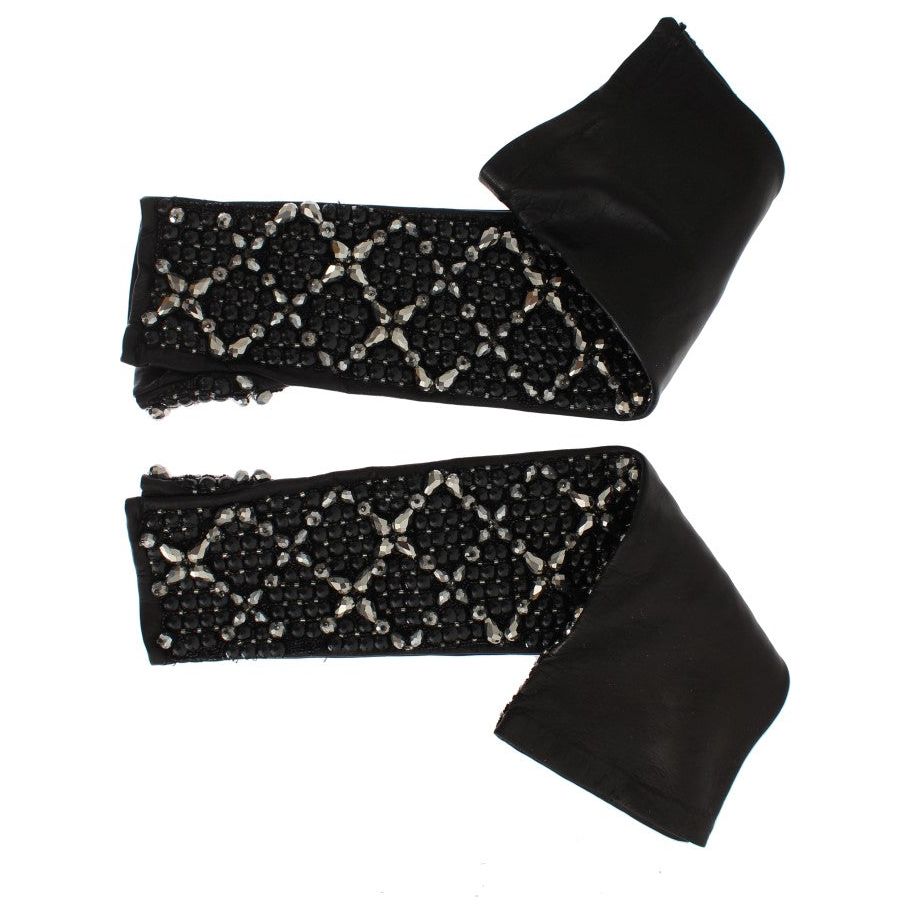 Dolce & Gabbana | Black Leather Crystal Beaded Finger Free Gloves | McRichard Designer Brands