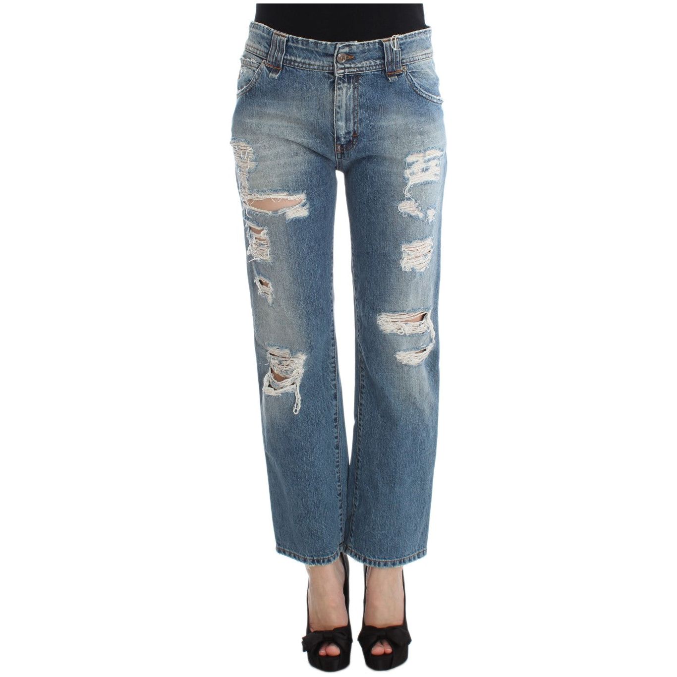 John Galliano | Blue Wash Cotton Boyfriend Fit Cropped Jeans | McRichard Designer Brands