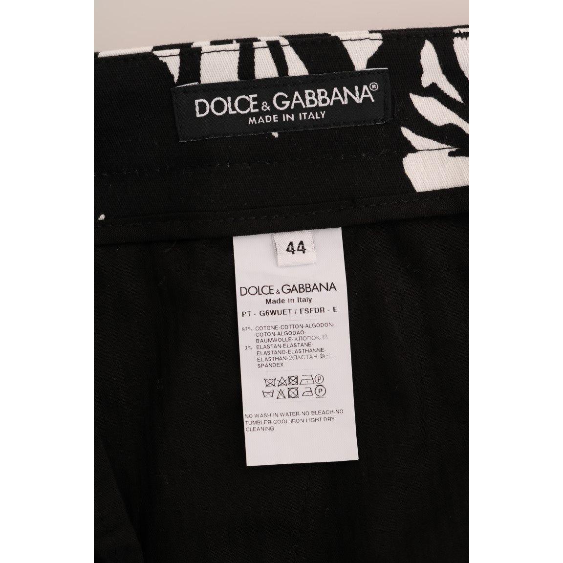 Dolce & Gabbana | White Black Leaf Cotton Stretch Slim Pants | McRichard Designer Brands