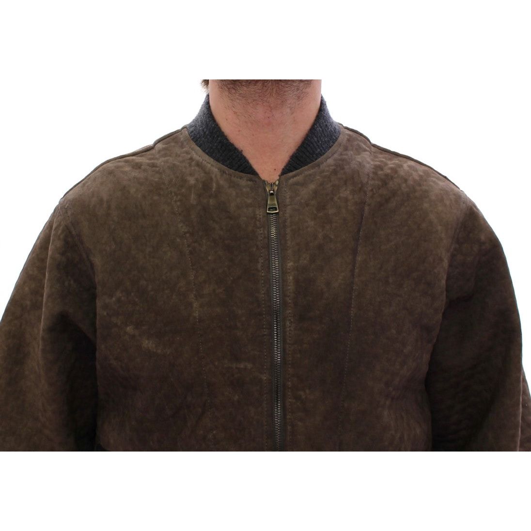 Dolce & Gabbana | Brown Gray Leather Jacket Coat | McRichard Designer Brands
