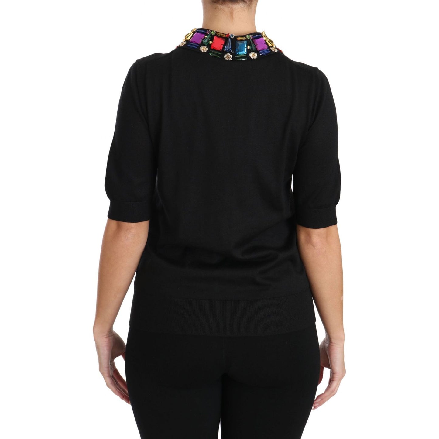 Dolce & Gabbana | Black Cashmere Crystal Collar Top T-Shirt | McRichard Designer Brands