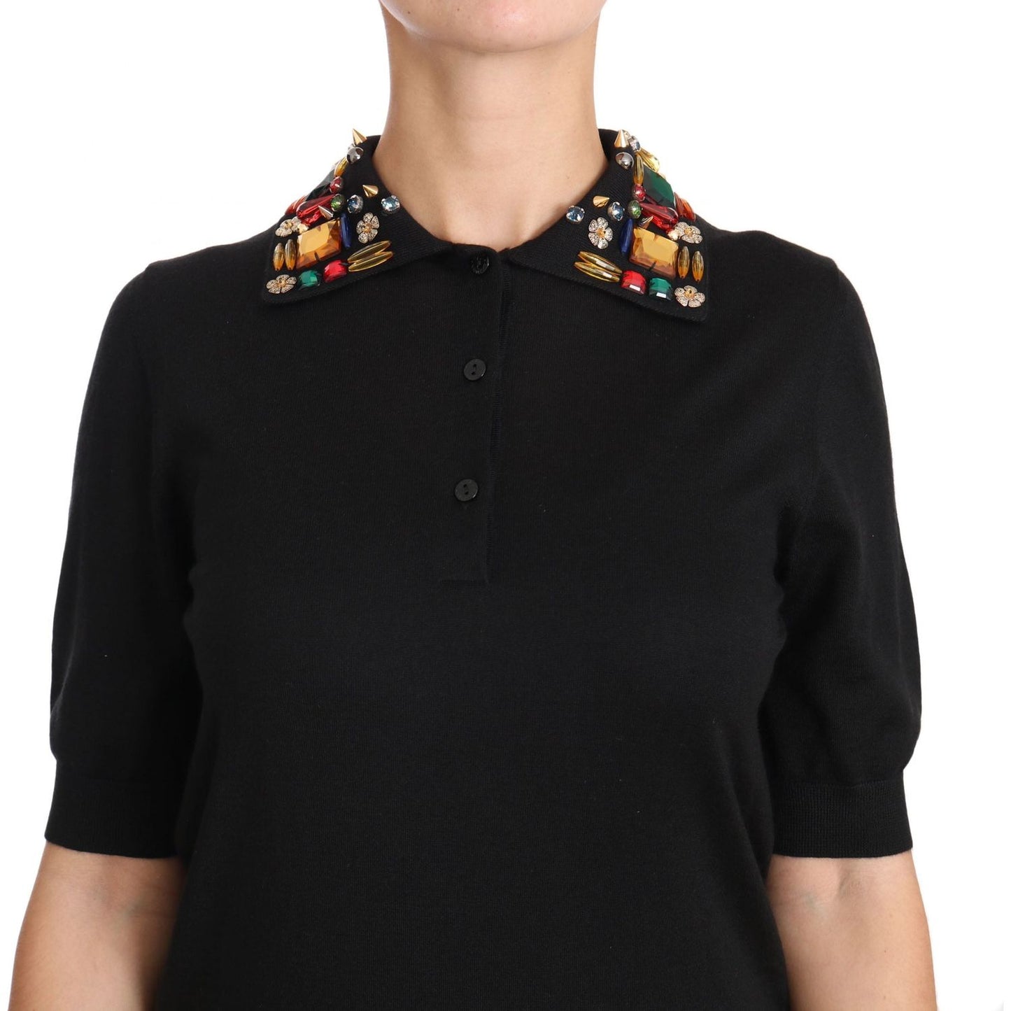 Dolce & Gabbana | Black Cashmere Crystal Collar Top T-Shirt | McRichard Designer Brands