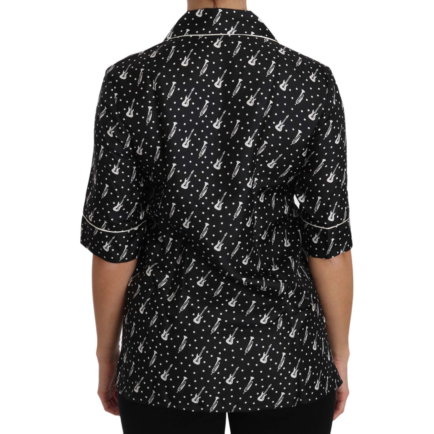 Dolce & Gabbana | Black Guitar & Trumpet Print Silk Shirt Top | McRichard Designer Brands