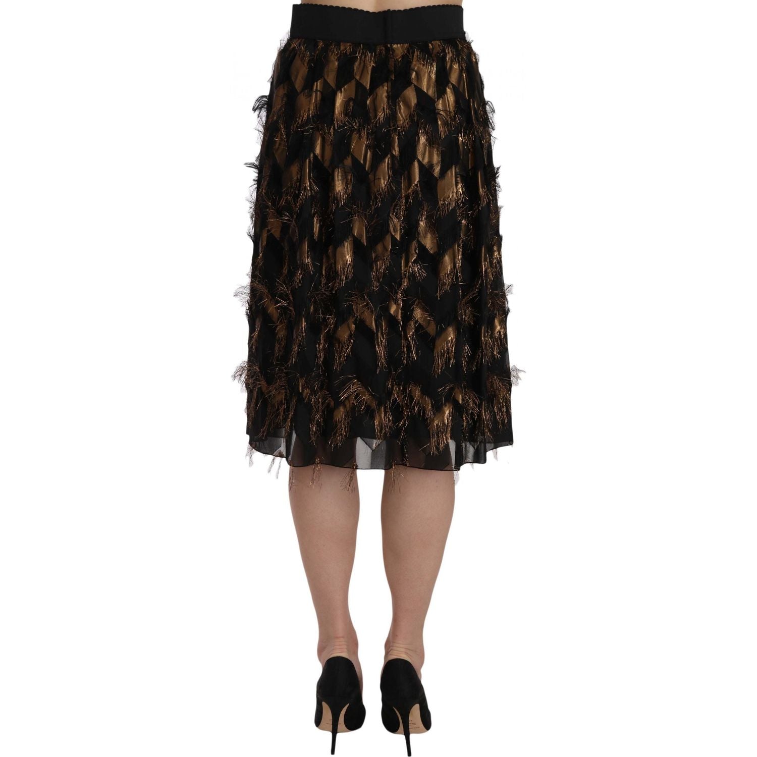 Dolce & Gabbana | Black Gold Fringe Metallic Pencil A-line Skirt | McRichard Designer Brands