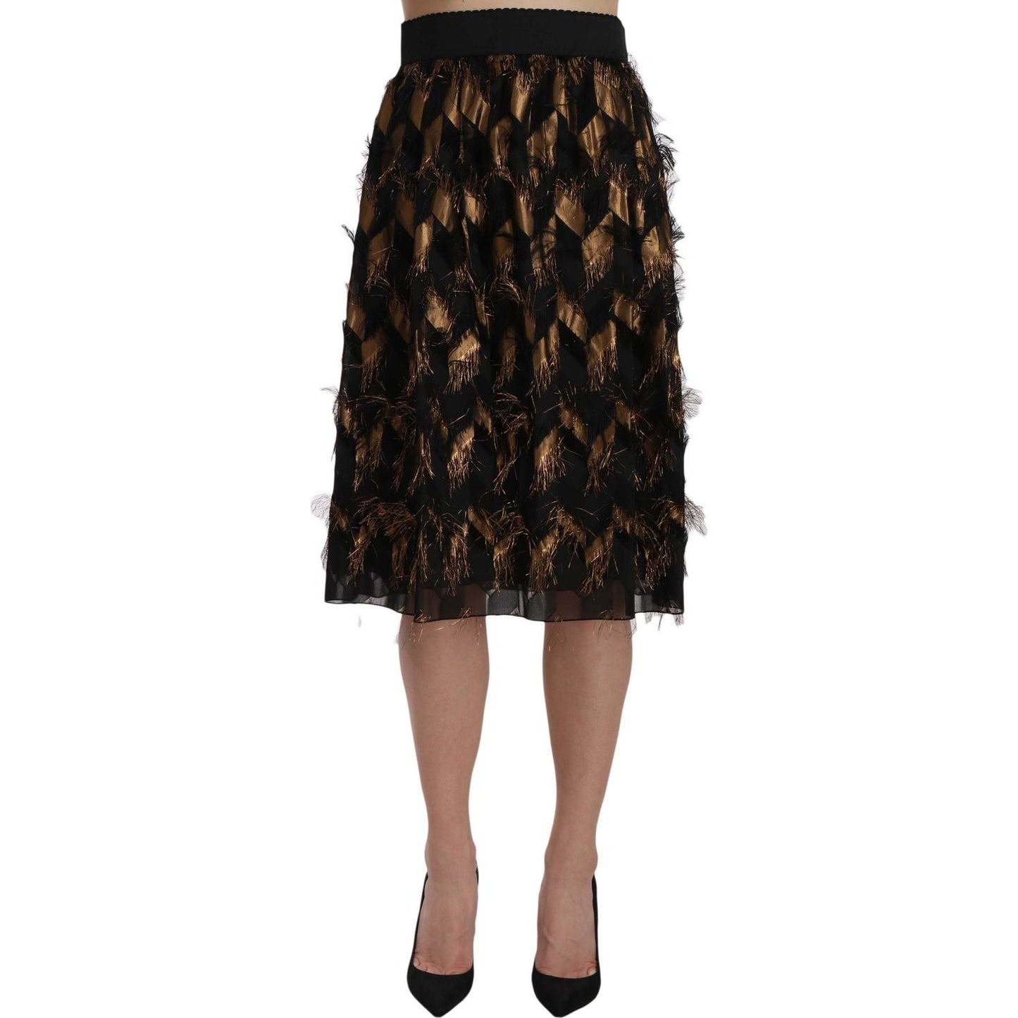Dolce & Gabbana | Black Gold Fringe Metallic Pencil A-line Skirt | McRichard Designer Brands