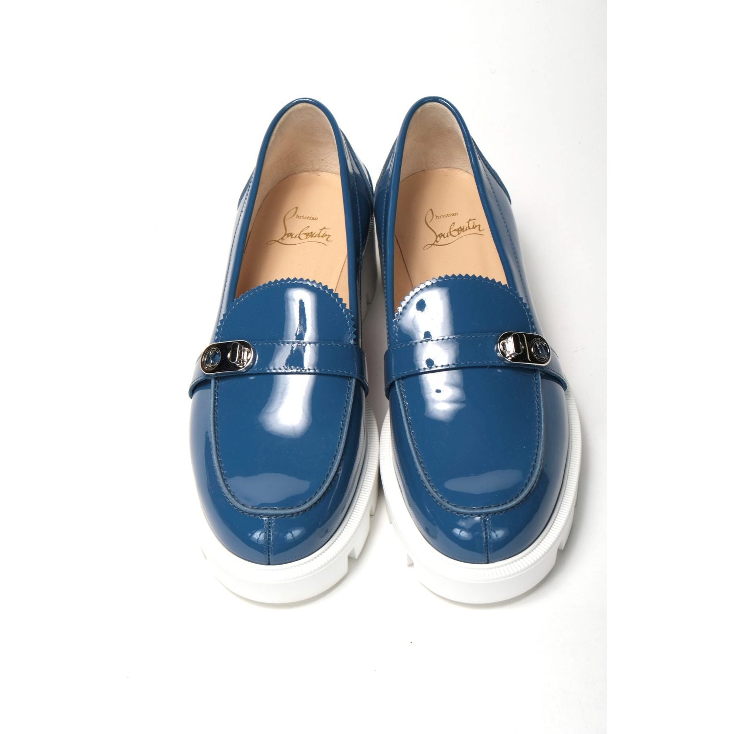 Christian Louboutin | Blue And White Silver Logo Lock Boat Shoe  | McRichard Designer Brands