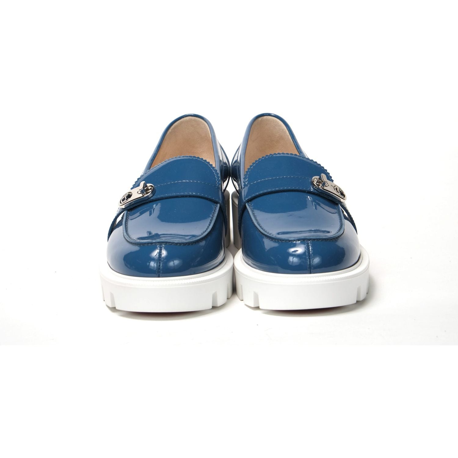 Christian Louboutin | Blue And White Silver Logo Lock Boat Shoe  | McRichard Designer Brands