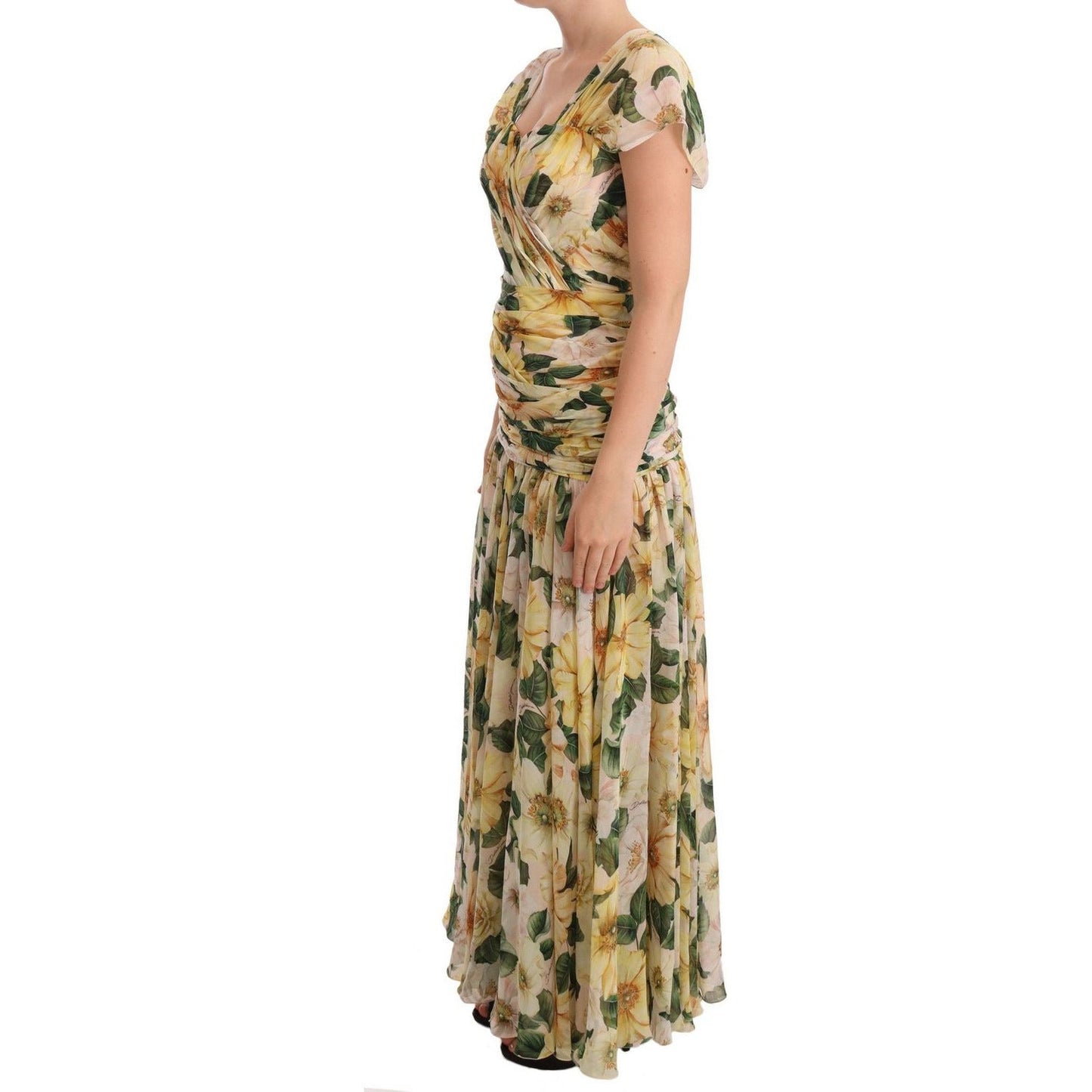 Dolce & Gabbana | Yellow Silk Floral Print Pleated Max Dress WOMAN DRESSES | McRichard Designer Brands