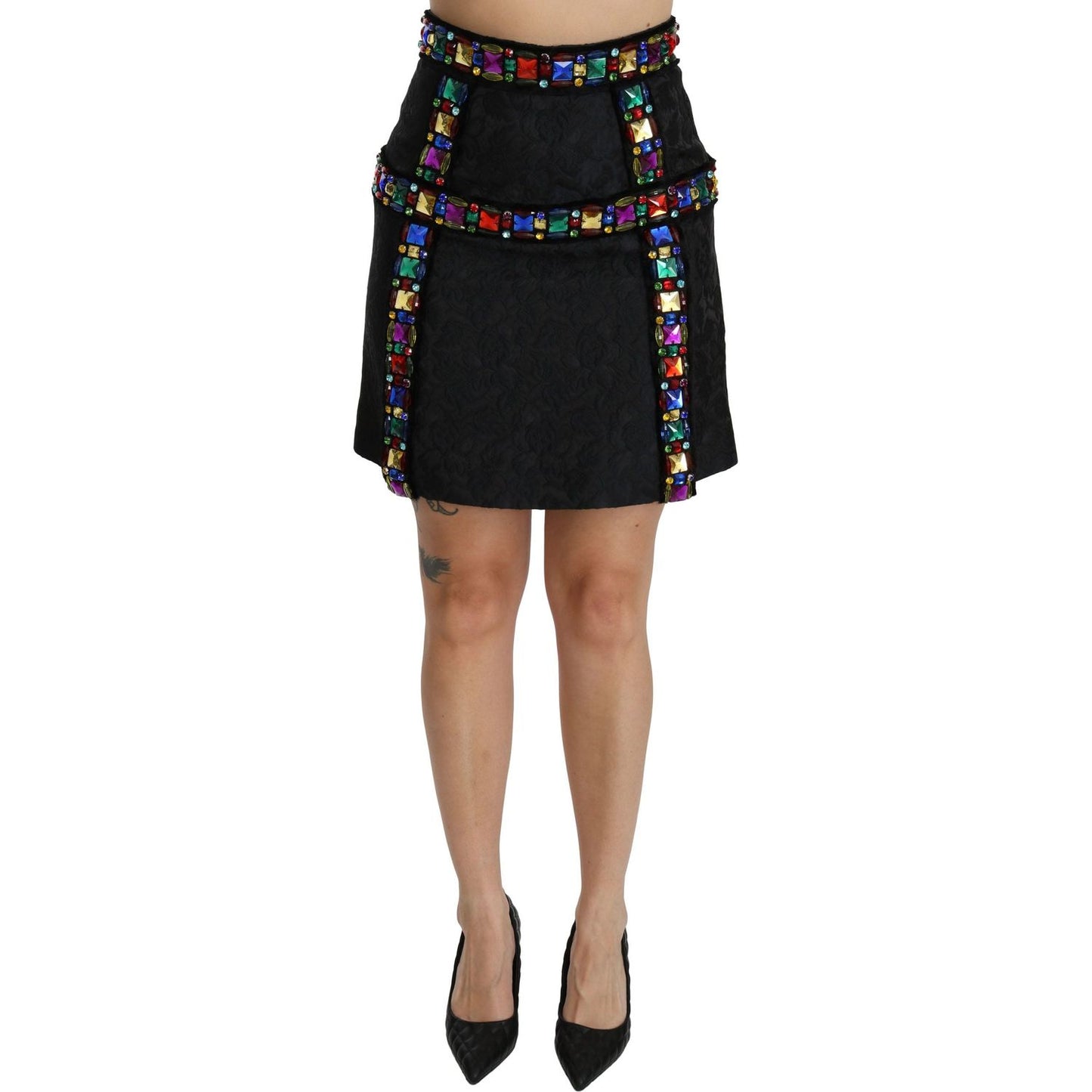 Dolce & Gabbana | Black Crystal Embellished High Waist Skirt | McRichard Designer Brands