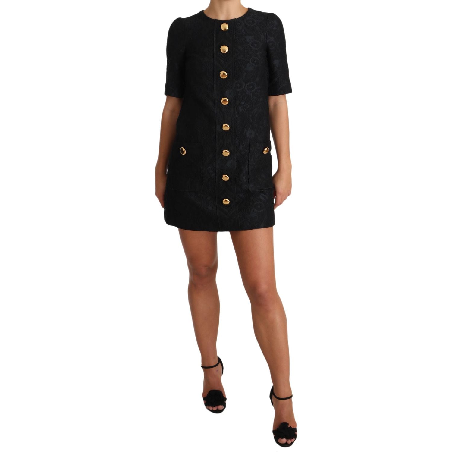 Dolce & Gabbana | Black Button Embellished Jacquard Mini Dress | McRichard Designer Brands