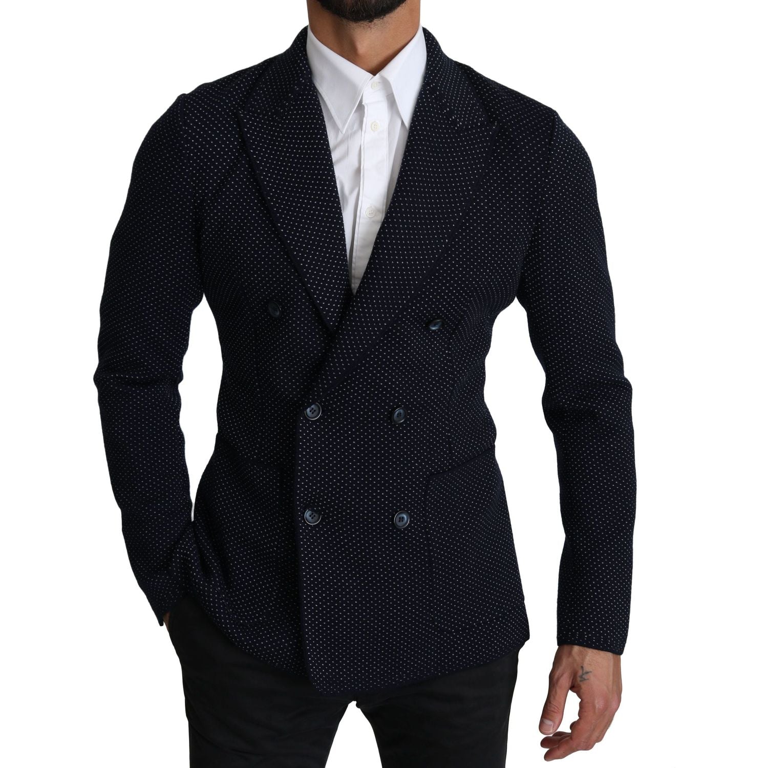 Dolce & Gabbana | Dark Blue Dotted Double Breasted Coat Blazer | McRichard Designer Brands