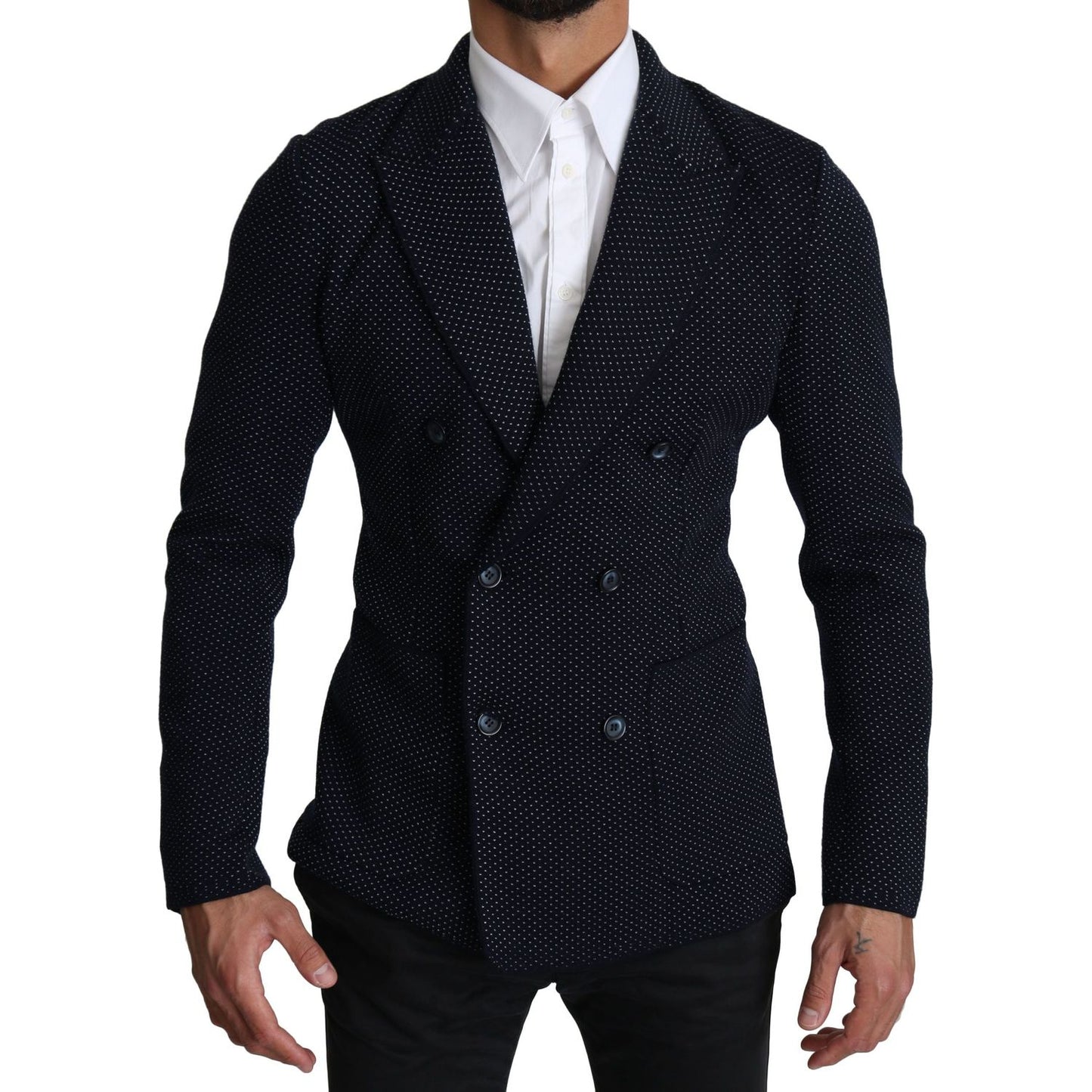 Dolce & Gabbana | Dark Blue Dotted Double Breasted Coat Blazer | McRichard Designer Brands