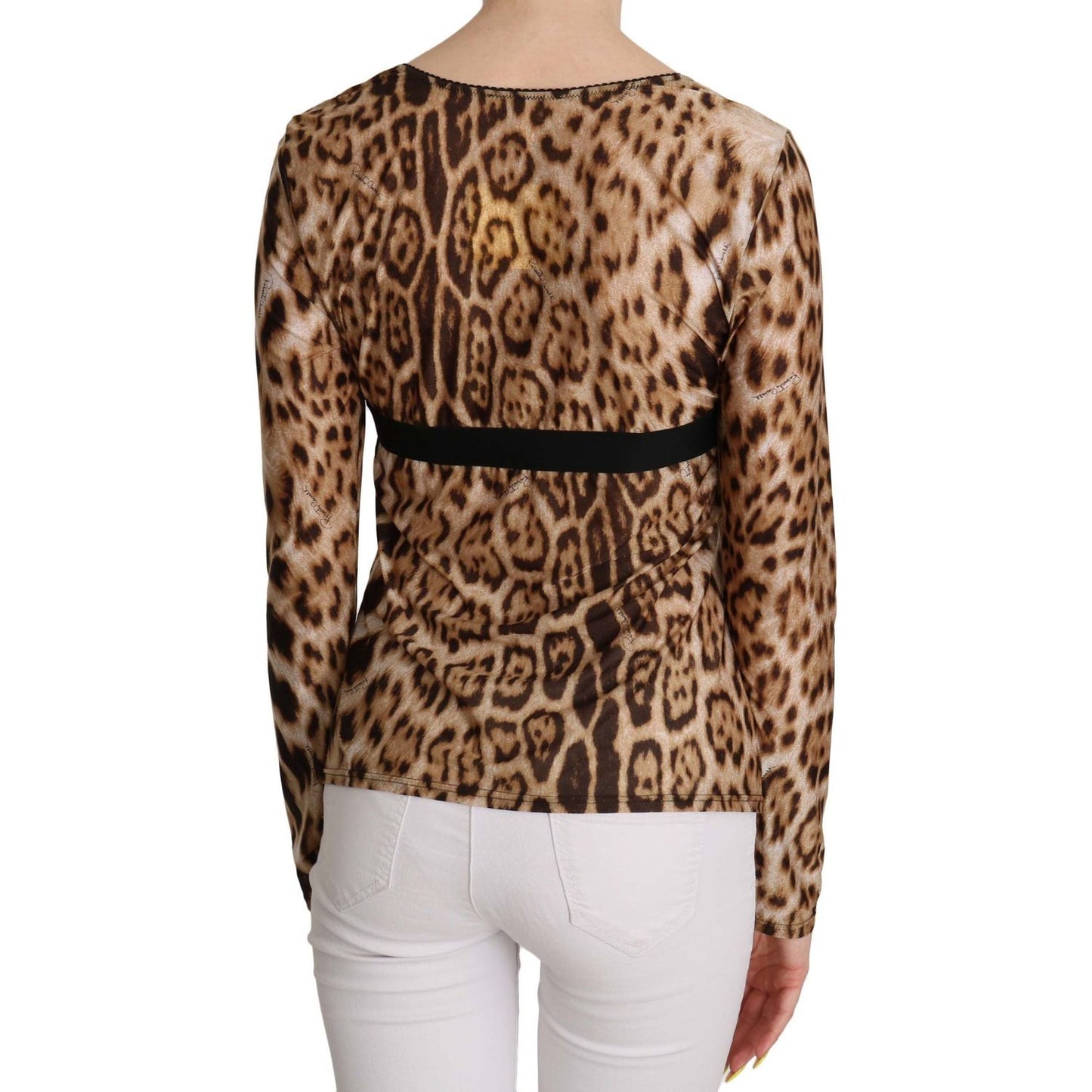 Roberto Cavalli | Brown Round Neck Leopard Women Top Blouse | McRichard Designer Brands