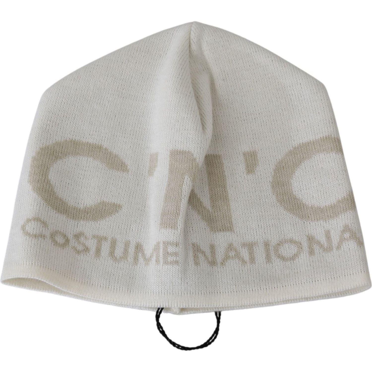 Costume National | White Beige Wool Branded Beanie Hat | McRichard Designer Brands