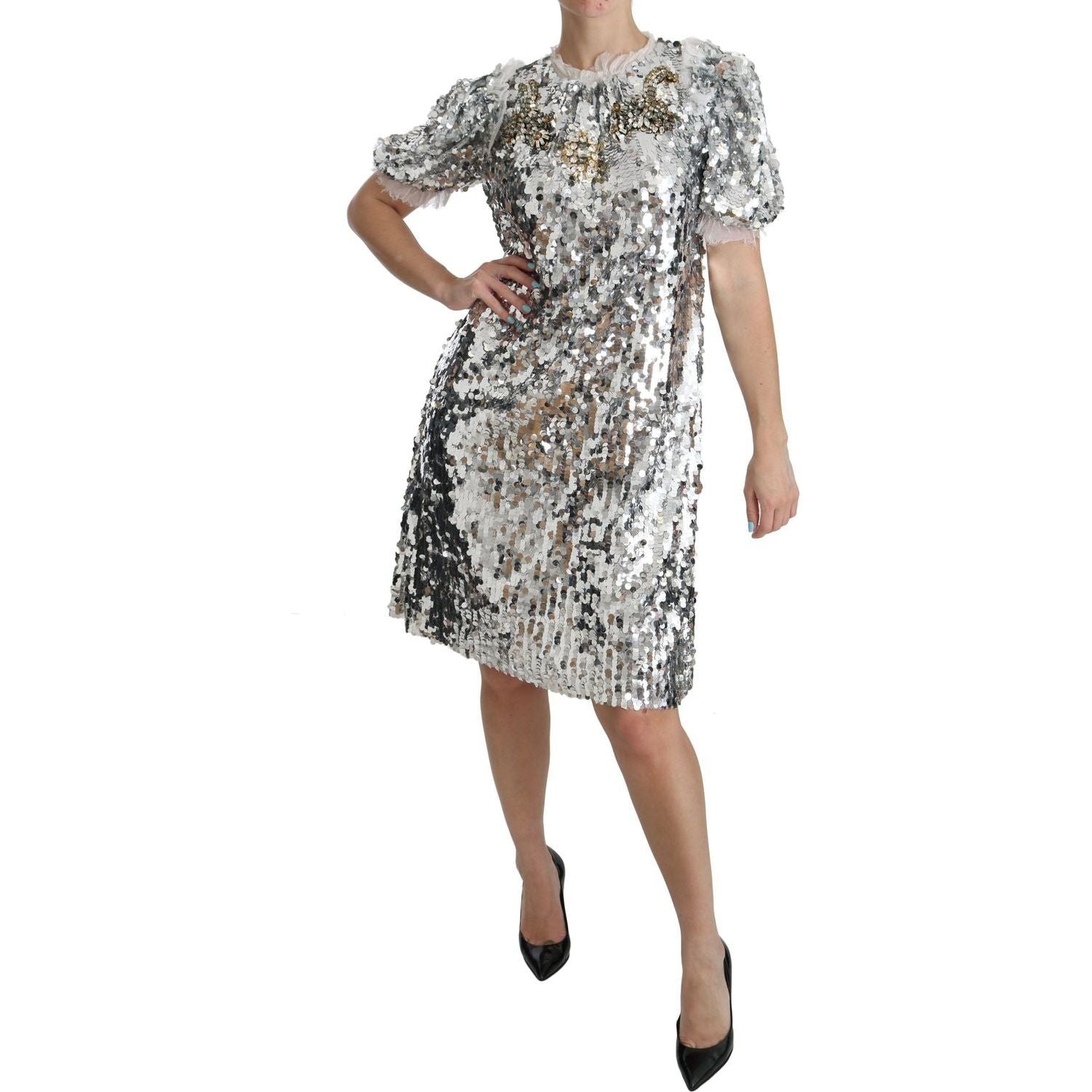 Dolce & Gabbana | Silver Sequined Crystal Shift Gown Dress | McRichard Designer Brands