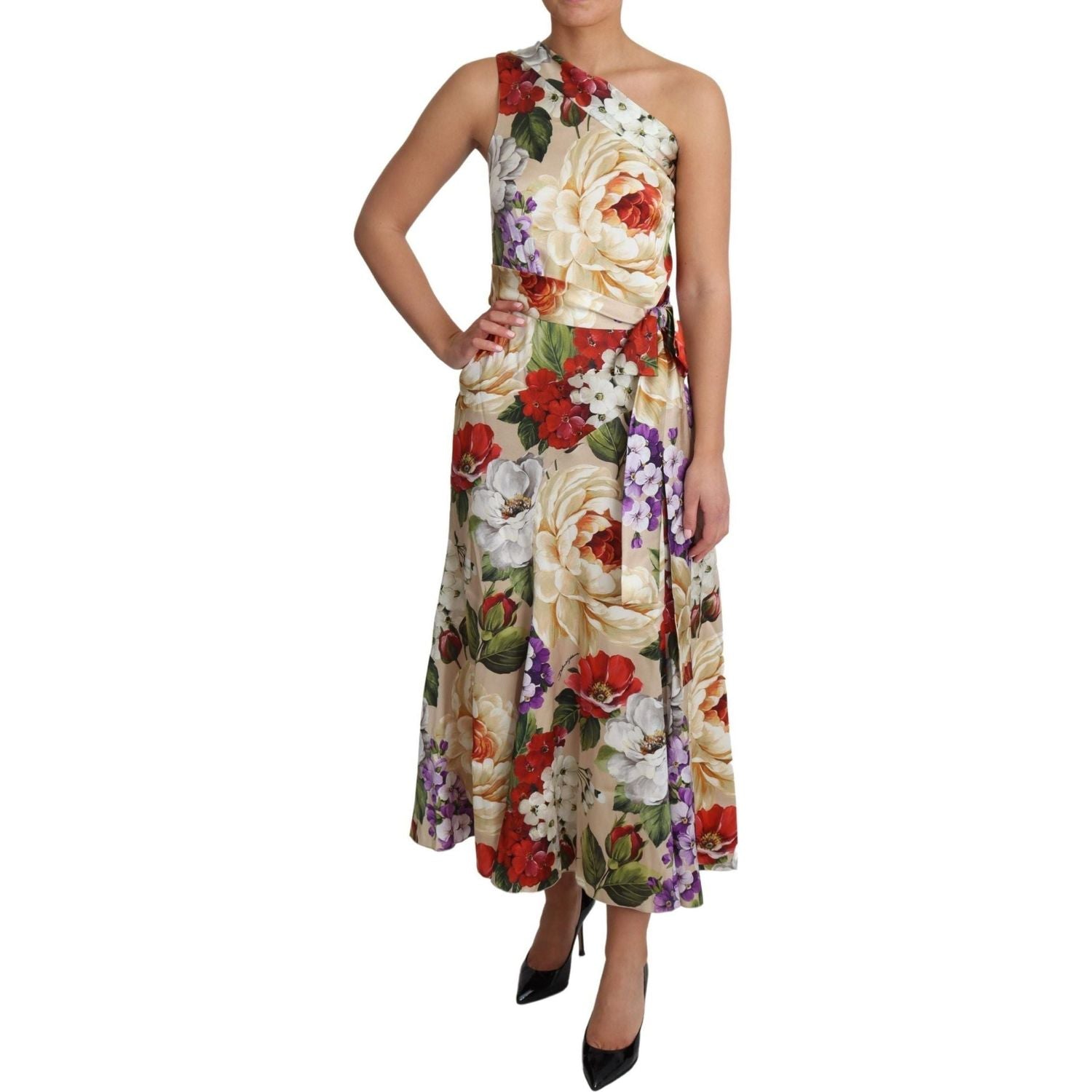 Dolce & Gabbana | Print Silk Stretch One Shoulder Dress Floral | 1219.00 - McRichard Designer Brands