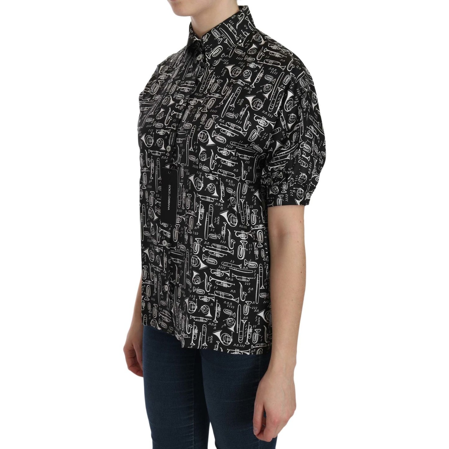 Dolce & Gabbana | Black Musical Instrument Collared Blouse Shirt | McRichard Designer Brands