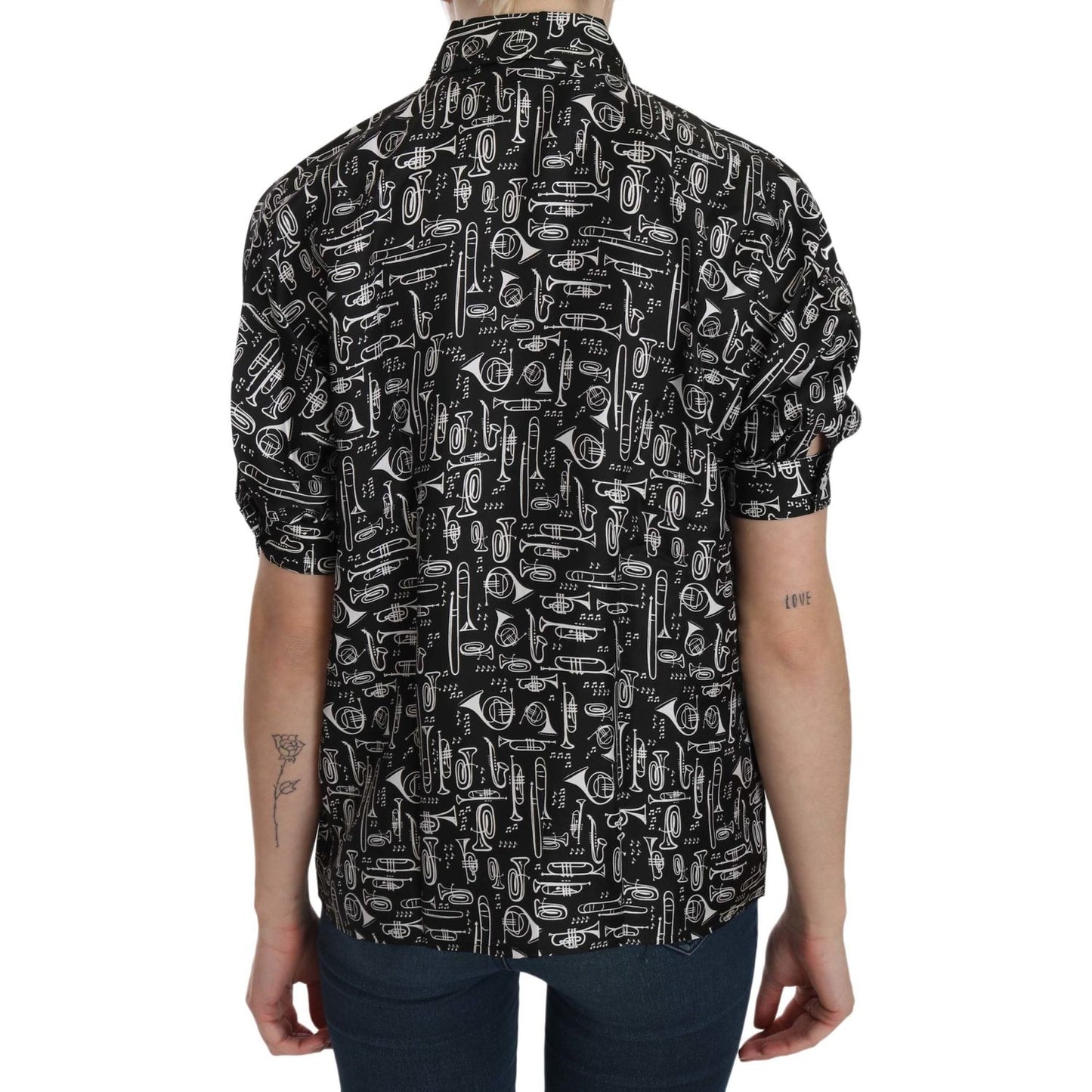 Dolce & Gabbana | Black Musical Instrument Collared Blouse Shirt | McRichard Designer Brands