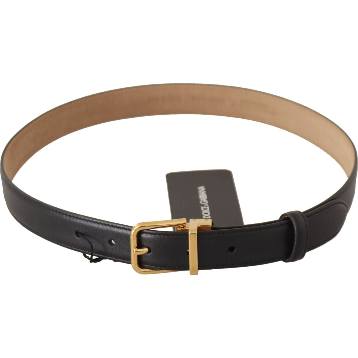 Dolce & Gabbana | Black Calf Leather Gold Metal Logo Waist Buckle Belt - McRichard Designer Brands