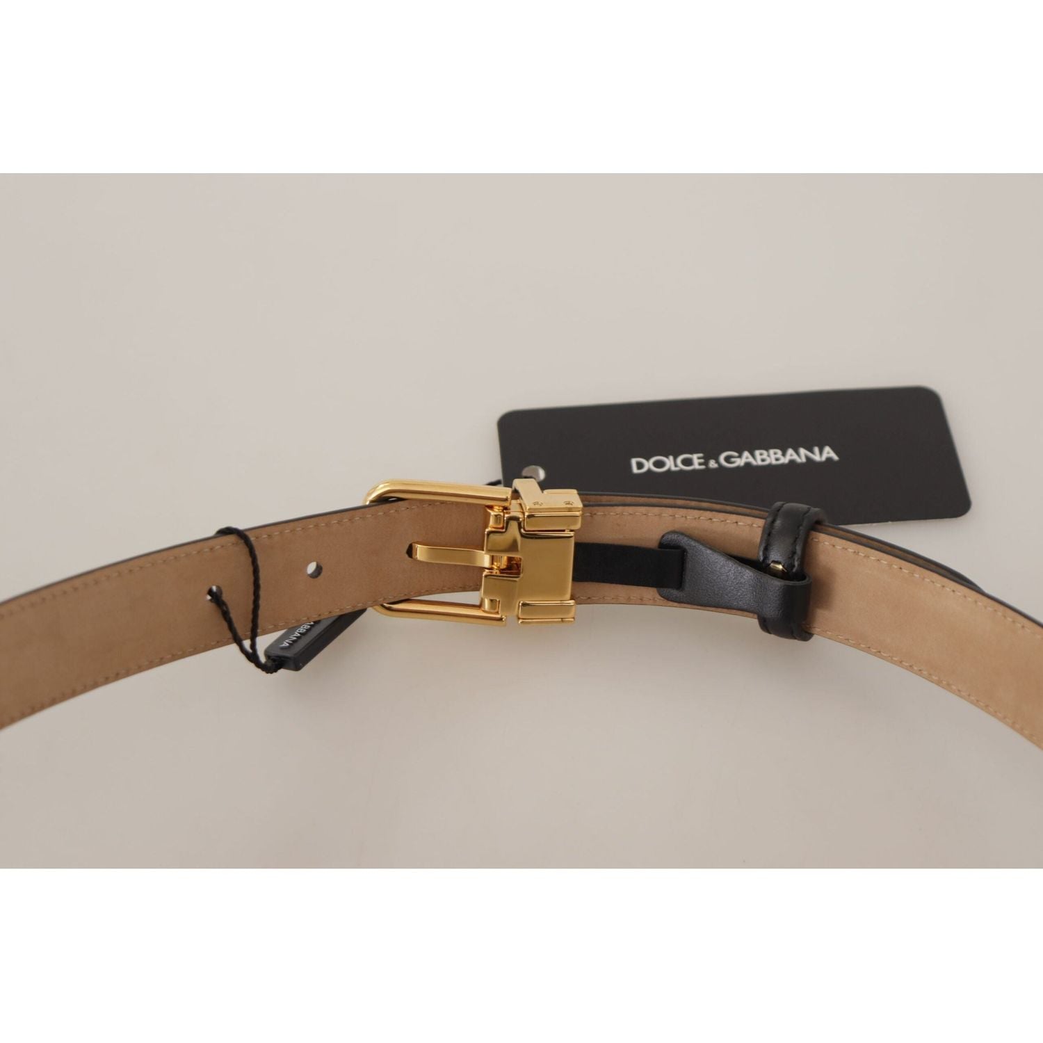 Dolce & Gabbana | Black Calf Leather Gold Metal Logo Waist Buckle Belt - McRichard Designer Brands