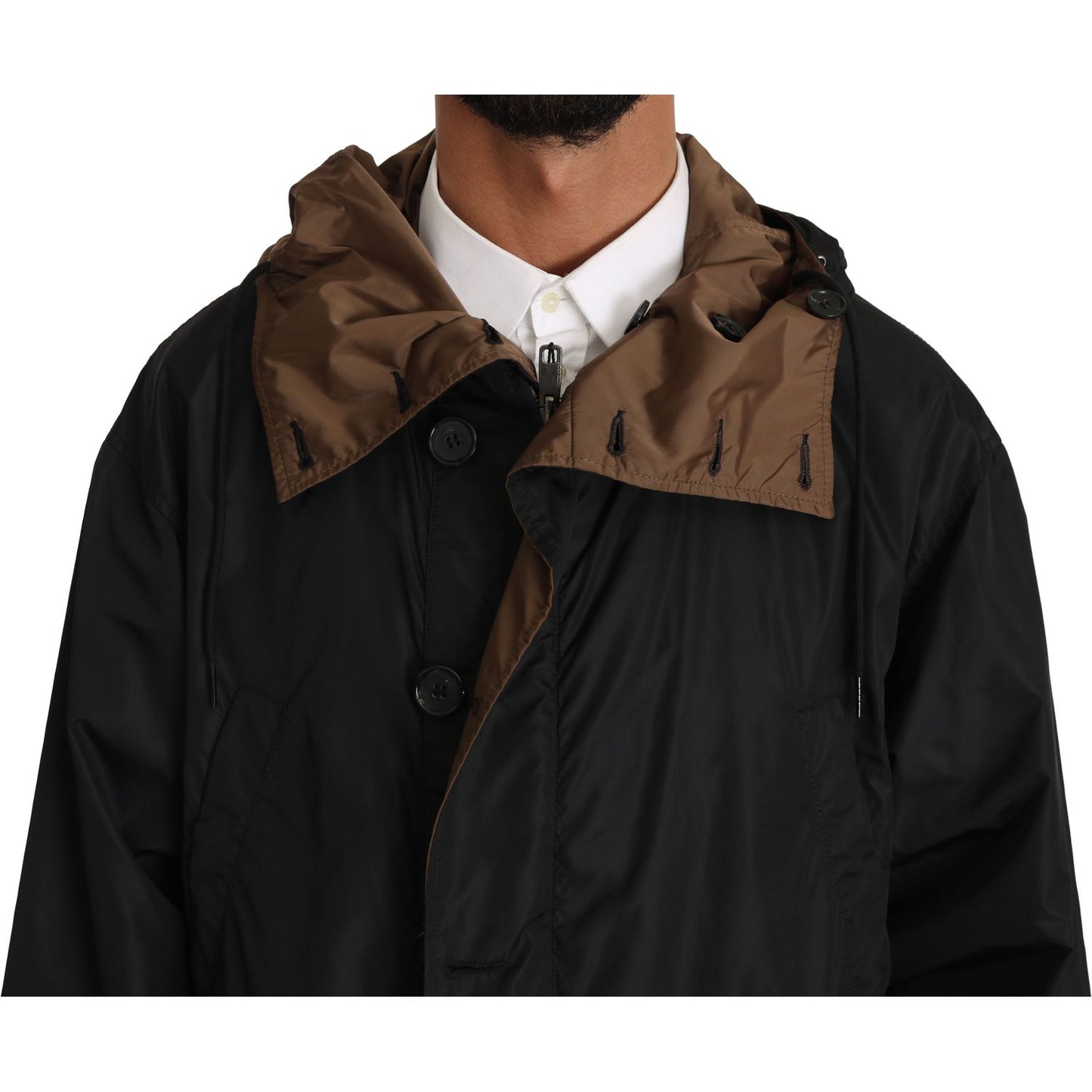 Dolce & Gabbana | Black Brown Hooded Reversible Raincoat | McRichard Designer Brands