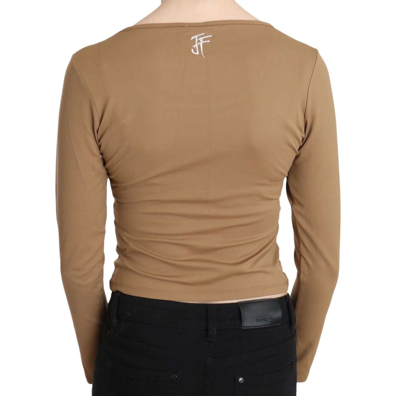 GF Ferre | Brown Round Neck Long Sleeve Slim Crop Top Blouse | McRichard Designer Brands