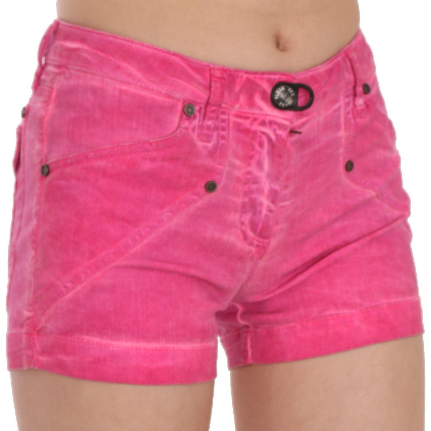 PLEIN SUD | Pink Mid Waist Cotton Denim Mini Shorts | McRichard Designer Brands