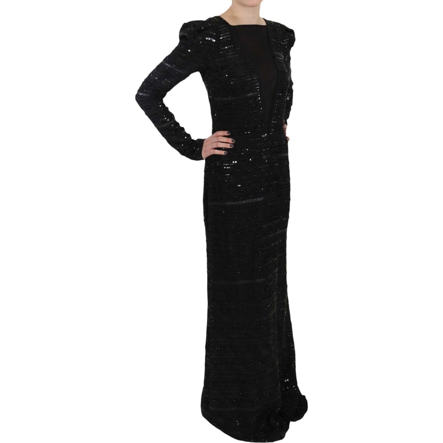 John Richmond | Black Silk Full Length Sequined Gown Dress | McRichard Designer Brands