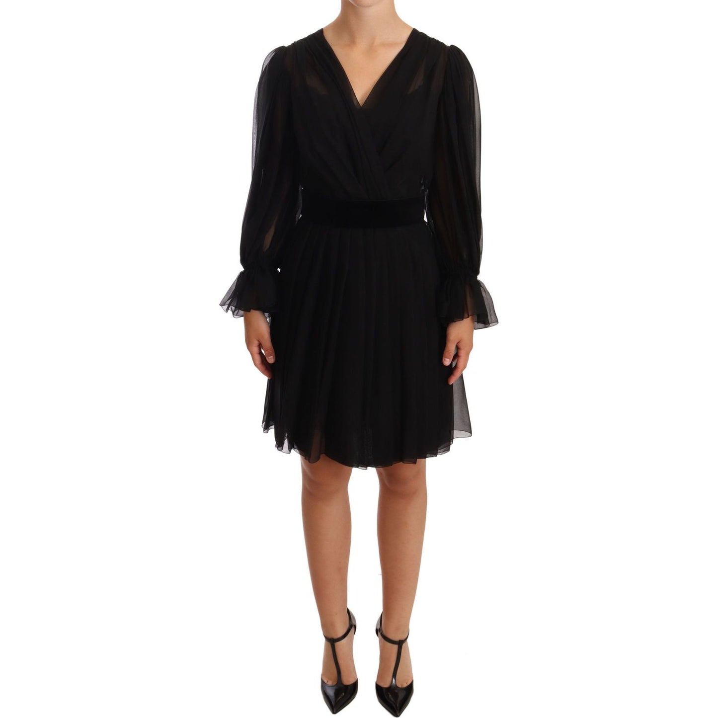 Dolce & Gabbana | Black Mesh Pleated Mini Silk Stretch Dress WOMAN DRESSES | McRichard Designer Brands