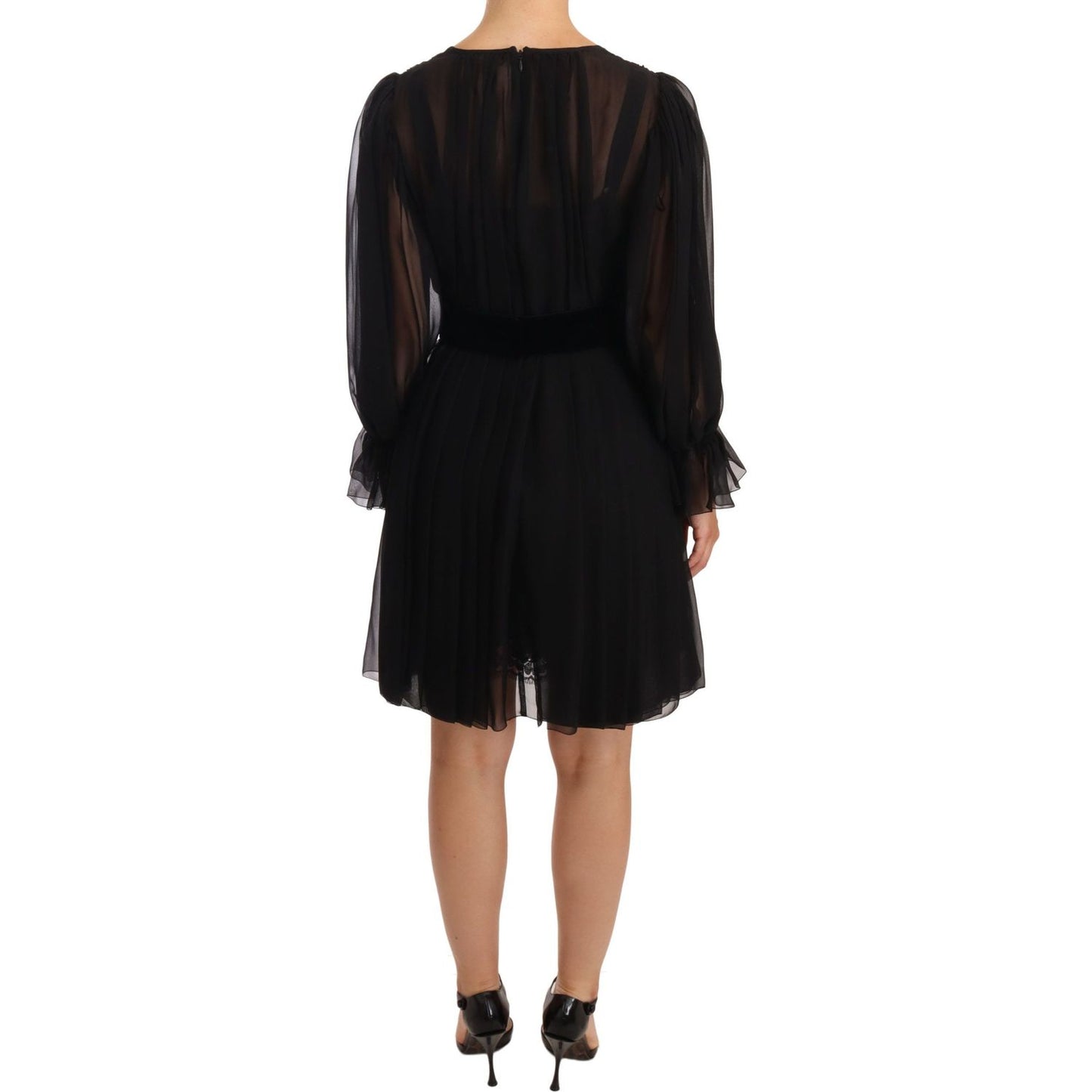 Dolce & Gabbana | Black Mesh Pleated Mini Silk Stretch Dress WOMAN DRESSES | McRichard Designer Brands