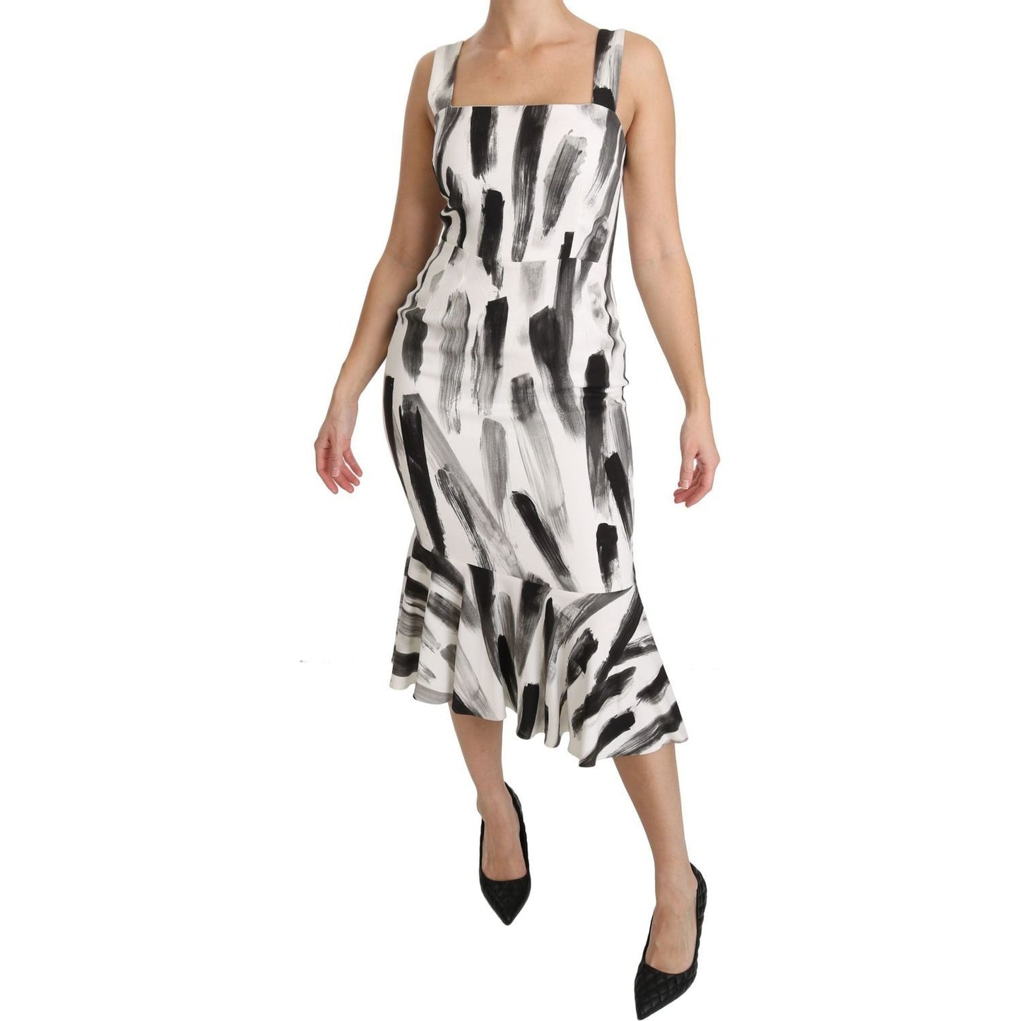 Dolce & Gabbana | White Black Printed Sheath Midi Viscose Dress | McRichard Designer Brands