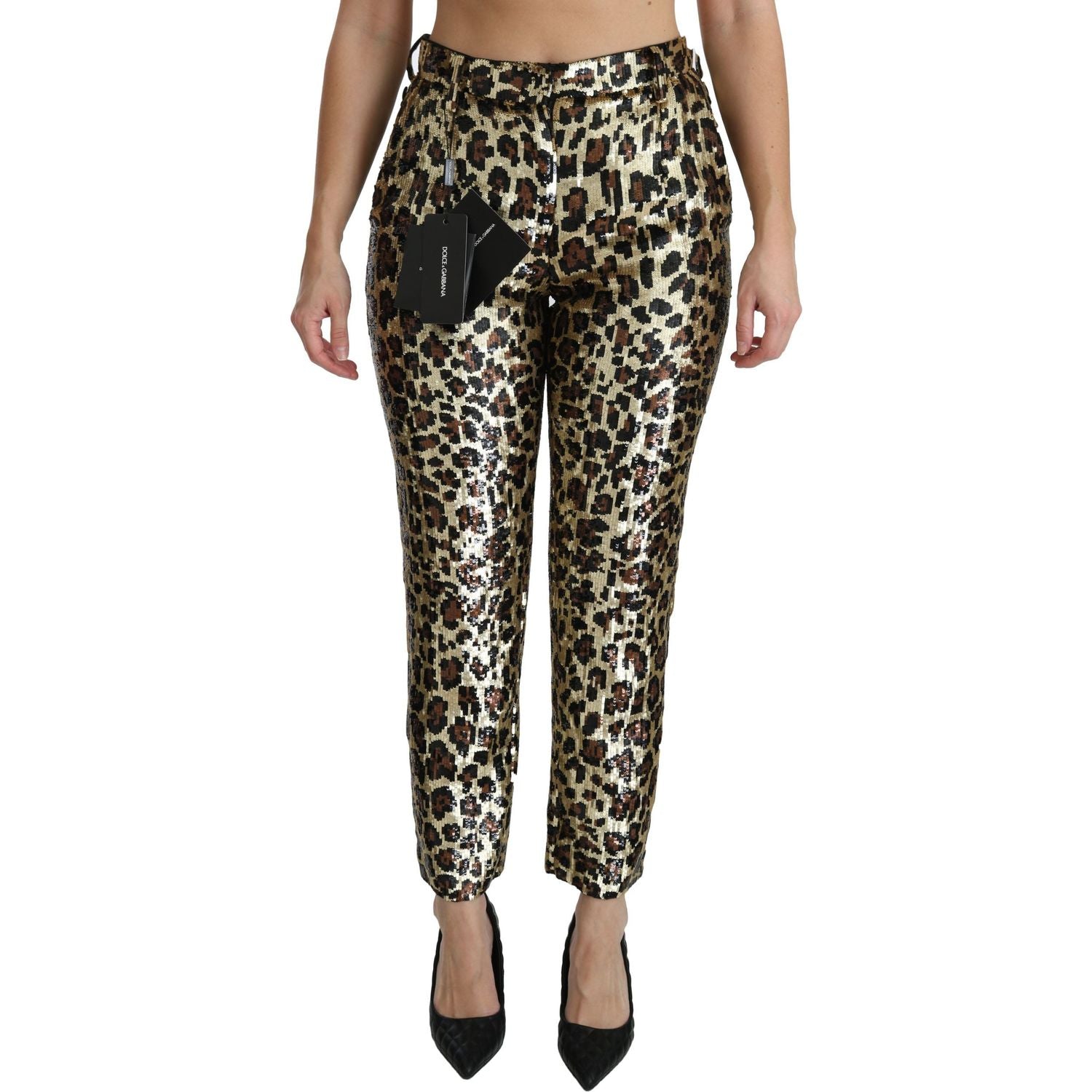 Dolce & Gabbana | Brown Leopard Sequined High Waist Pants | McRichard Designer Brands