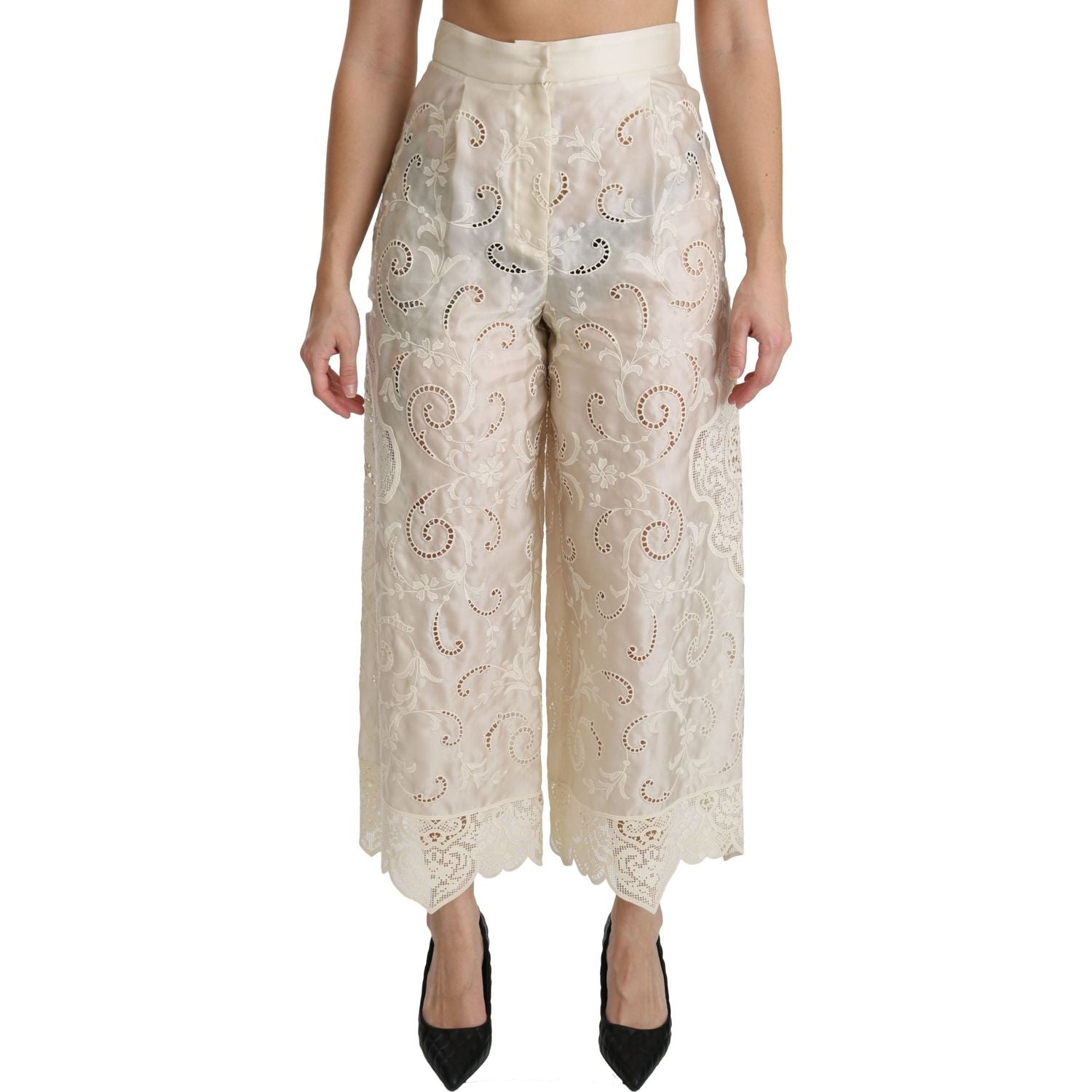 Dolce & Gabbana | Cream Lace High Waist Palazzo Cropped Pants | McRichard Designer Brands