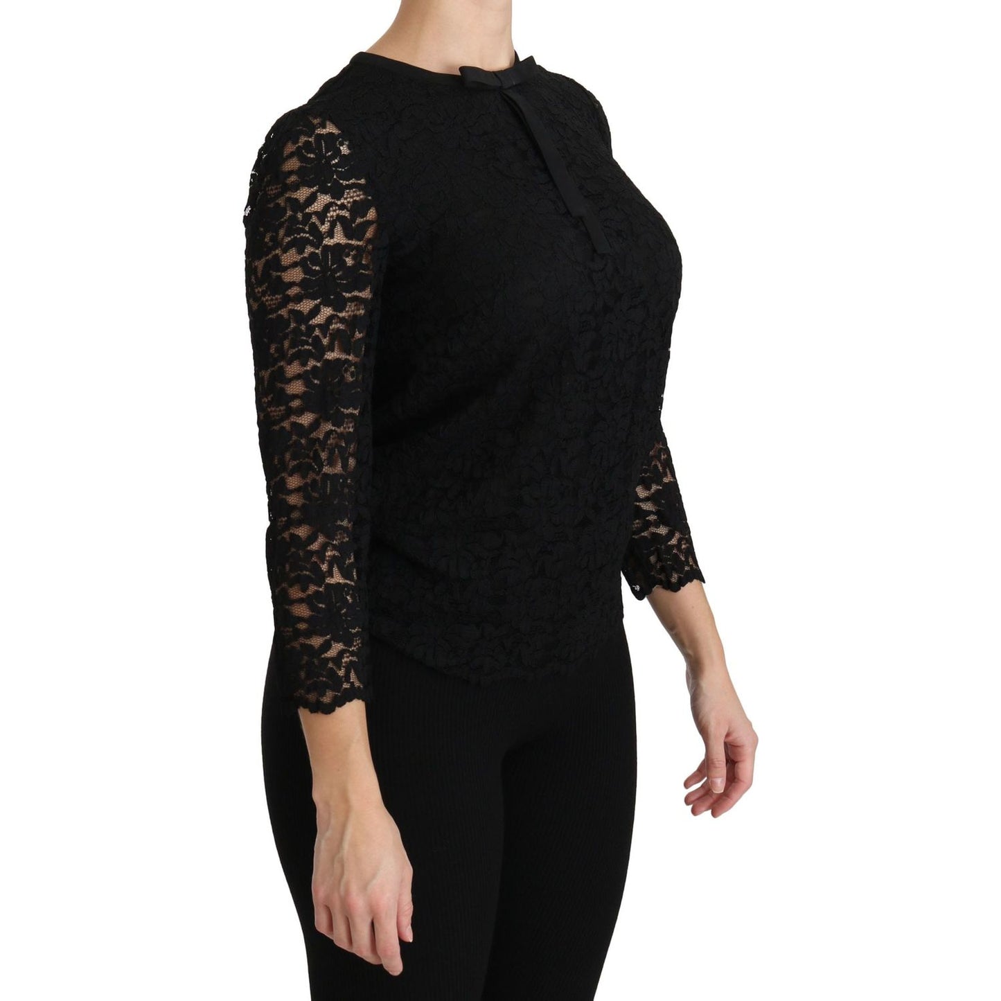 Dolce & Gabbana | Black Lace Long Sleeve Nylon Blouse | McRichard Designer Brands