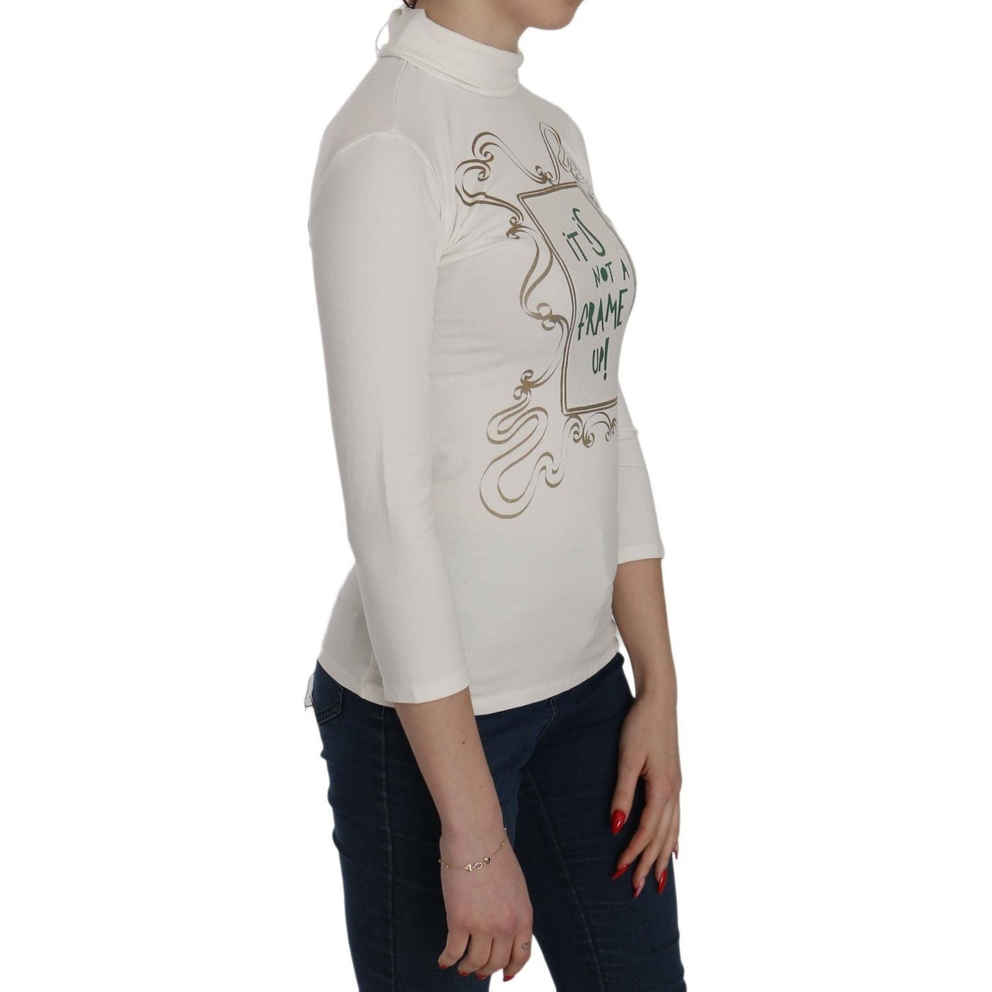 Exte | White Printed Turtle Neck 3/4 Sleeve Top Cotton Blouse | McRichard Designer Brands