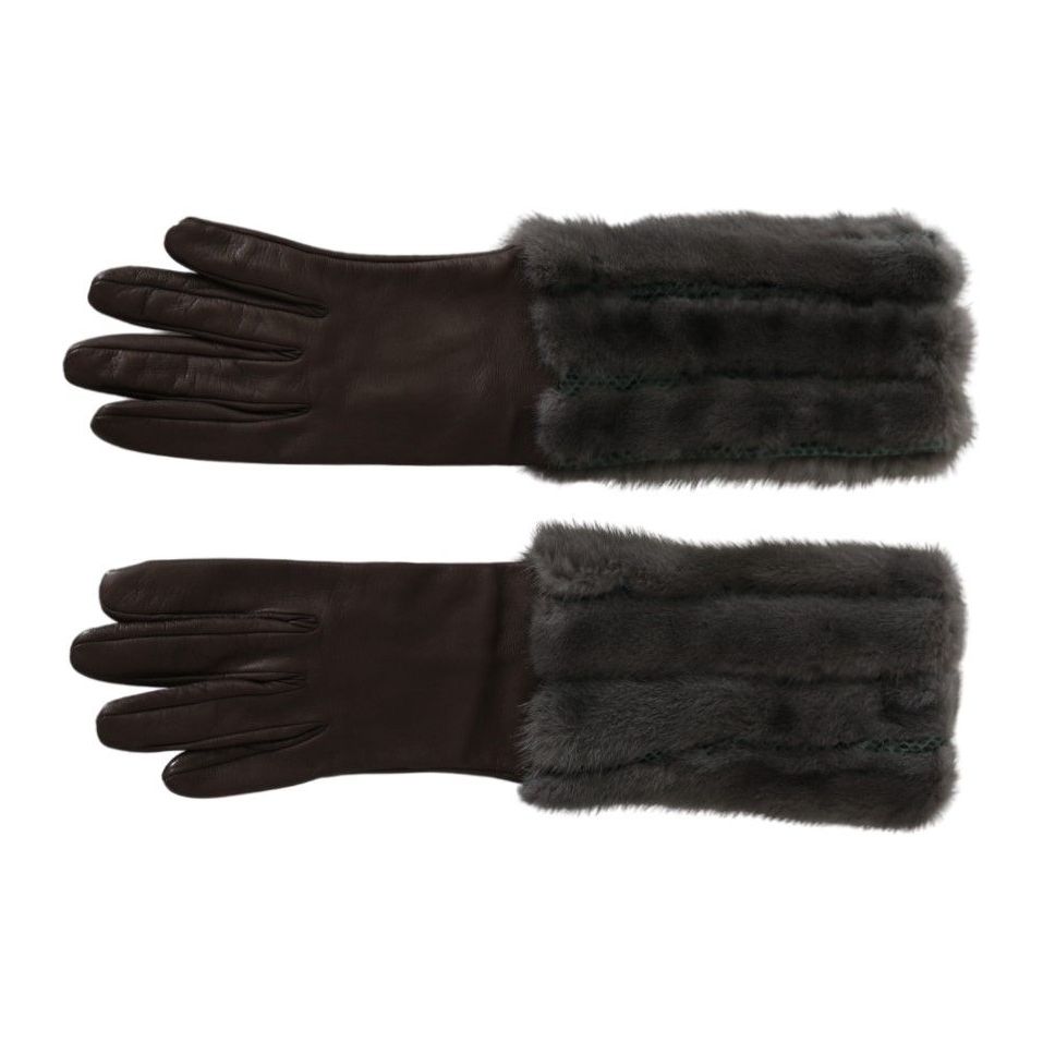 Dolce & Gabbana | Brown Mid Arm Length Leather Fur Gloves | McRichard Designer Brands