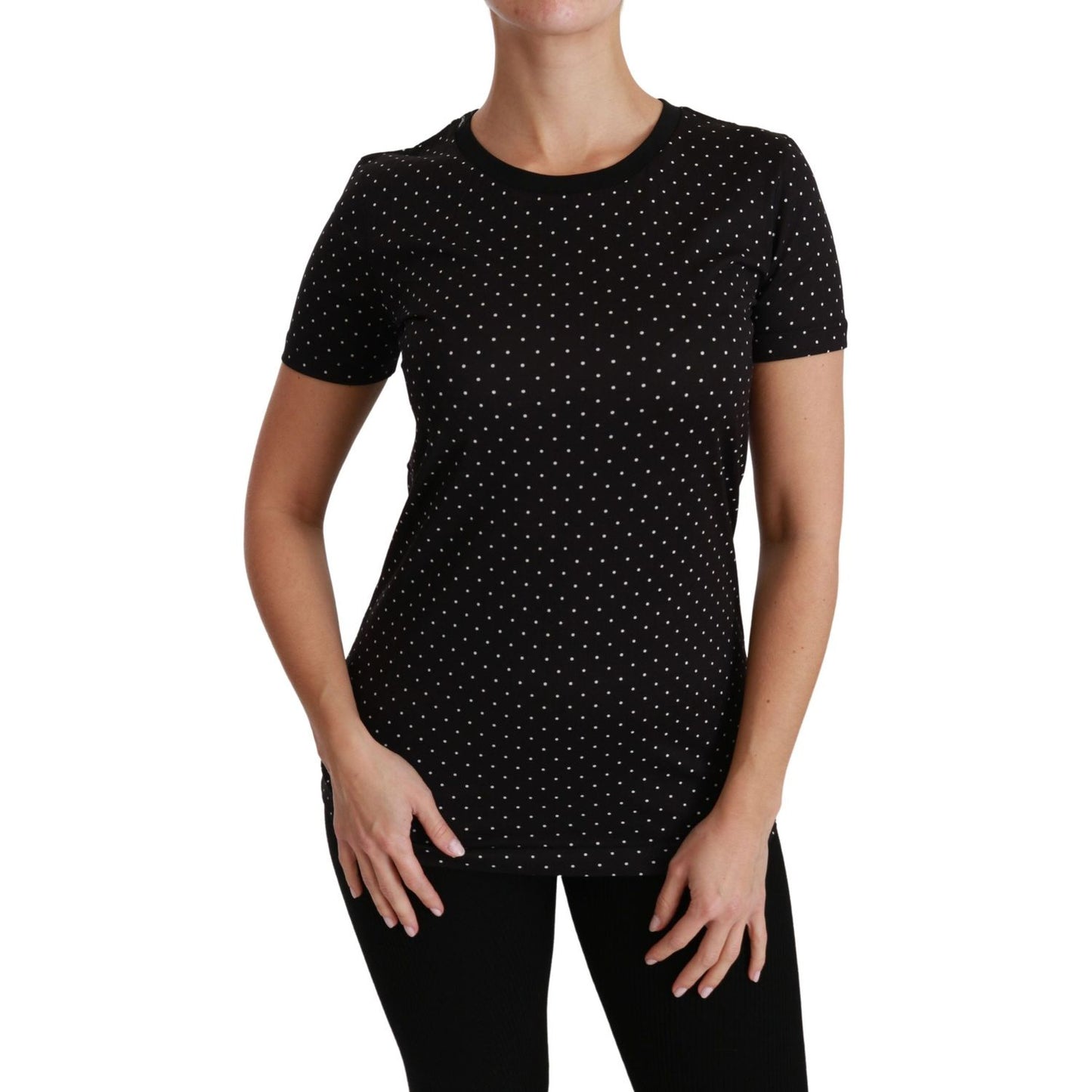 Dolce & Gabbana | Black Dotted Crewneck Cotton Top T-shirt | McRichard Designer Brands