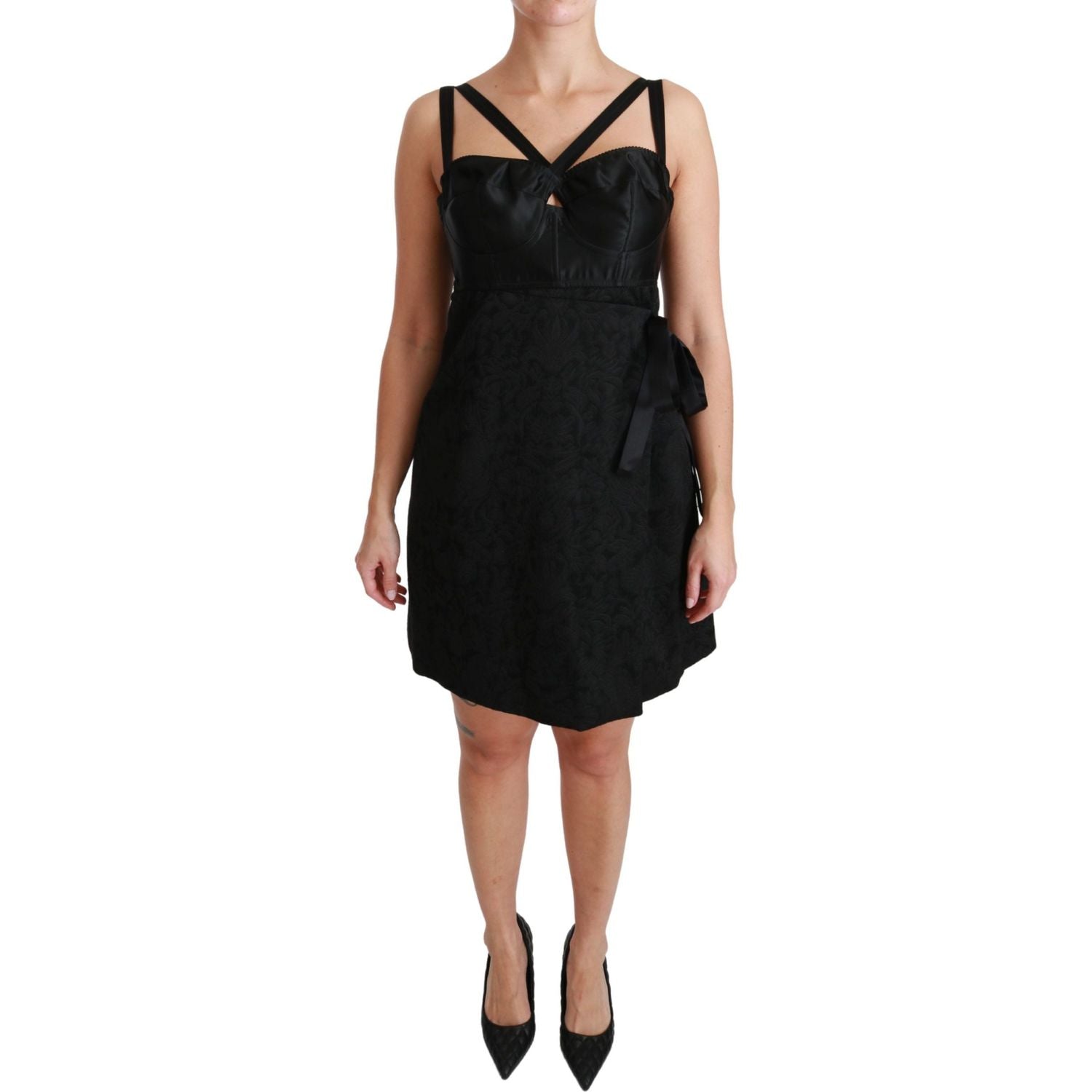 Dolce & Gabbana | Black Stretch Satin Jacquard Mini Dress | McRichard Designer Brands