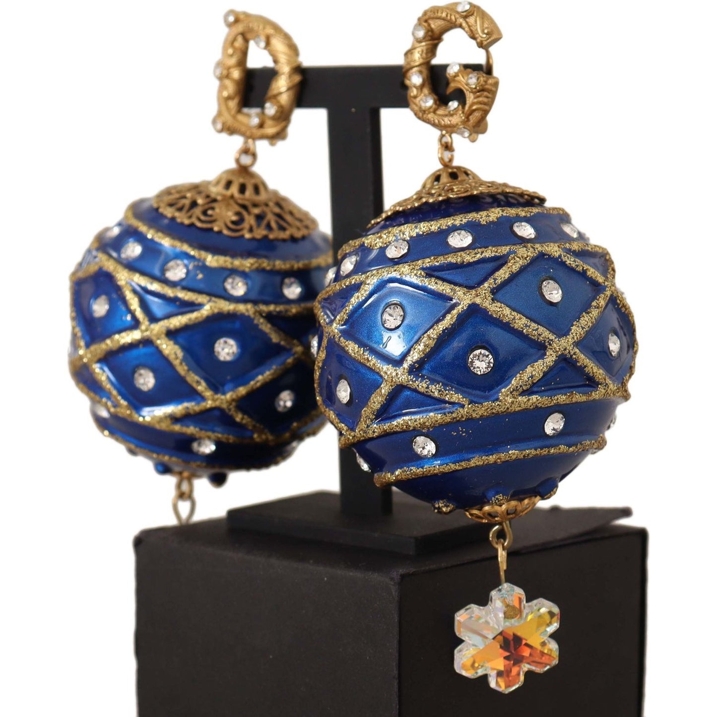 Dolce & Gabbana | Gold Brass Blue Christmas Ball Crystal Clip On Earrings WOMAN EARRING | McRichard Designer Brands