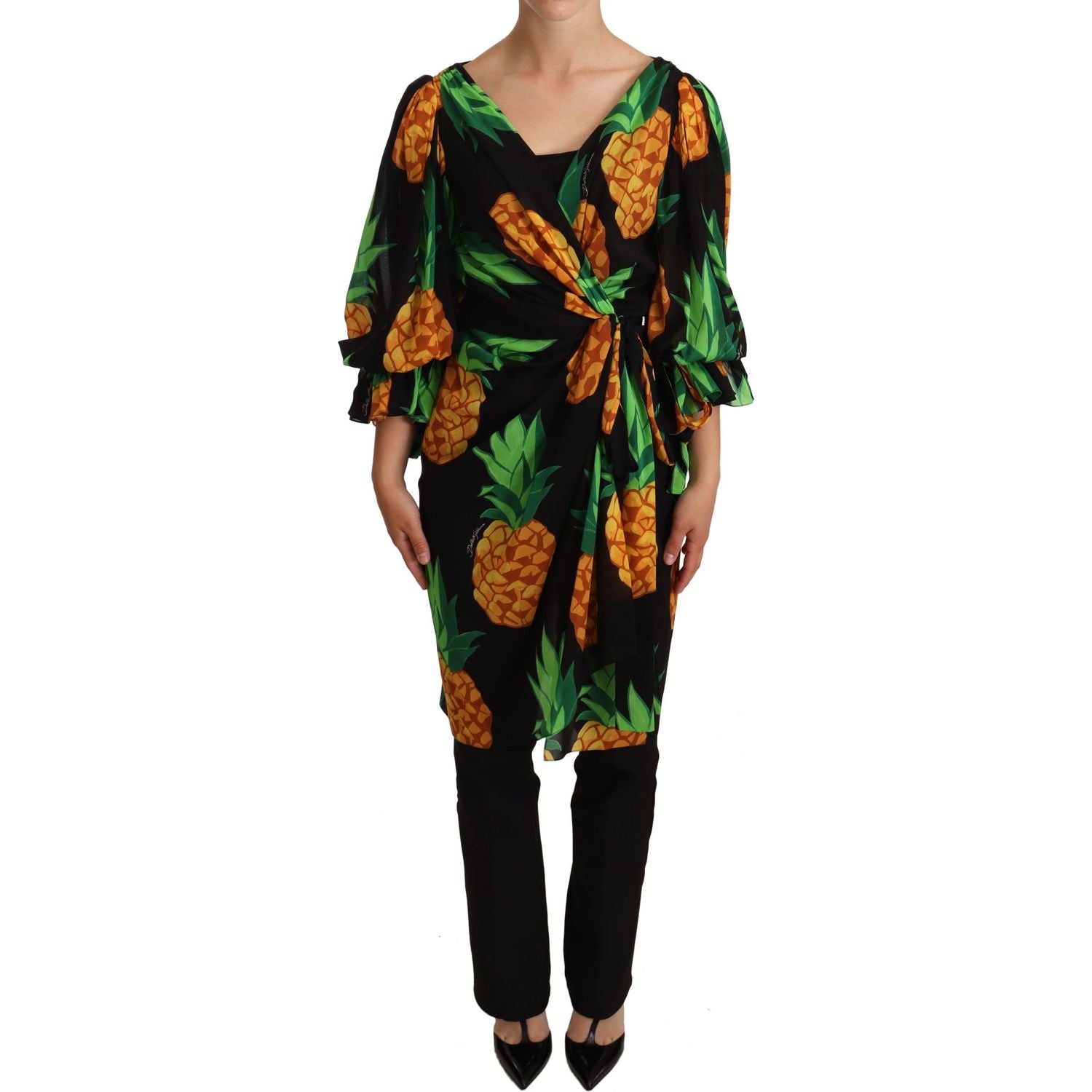 Dolce & Gabbana | Black Ananas Print Wrap Stretch Silk Dress WOMAN DRESSES | McRichard Designer Brands