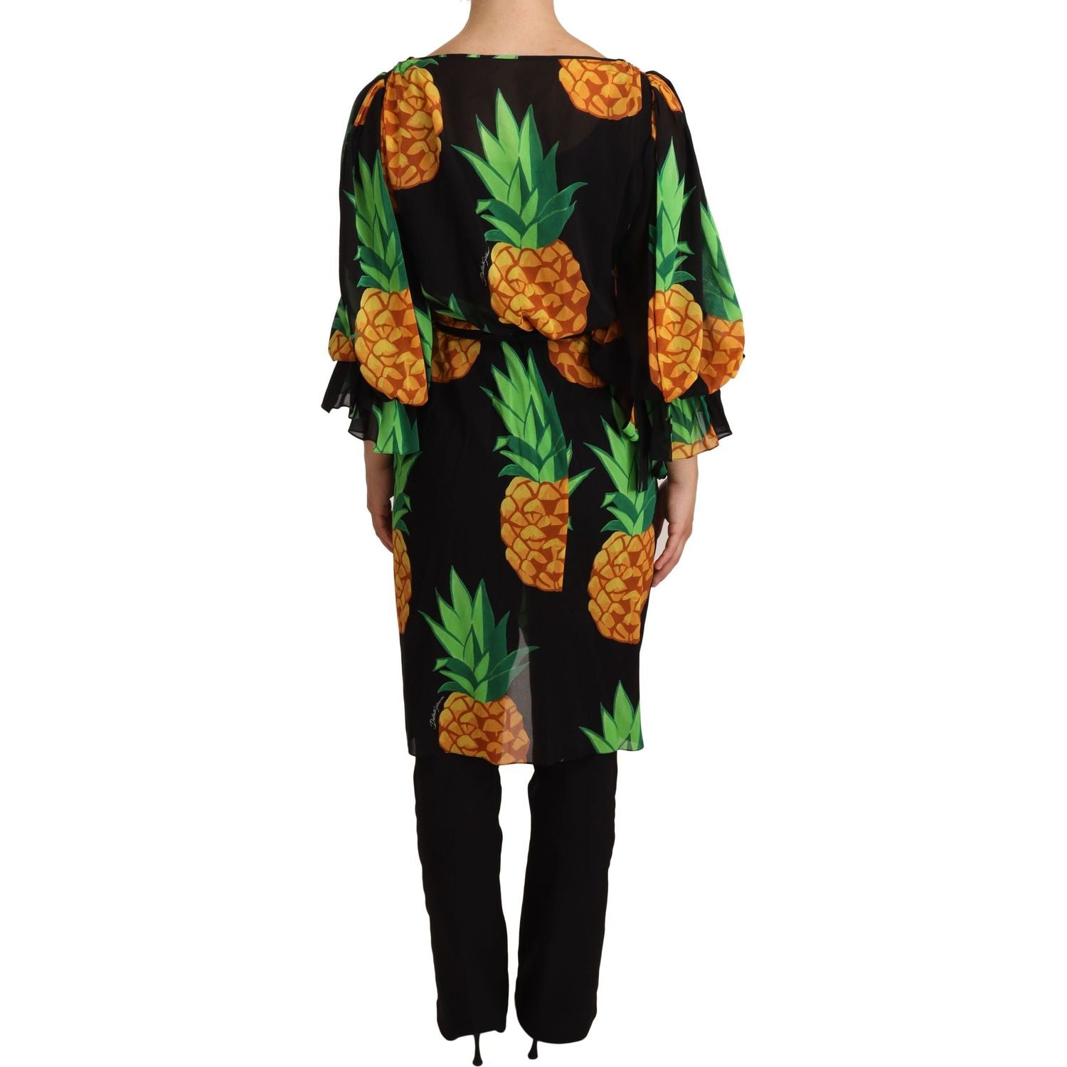 Dolce & Gabbana | Black Ananas Print Wrap Stretch Silk Dress WOMAN DRESSES | McRichard Designer Brands
