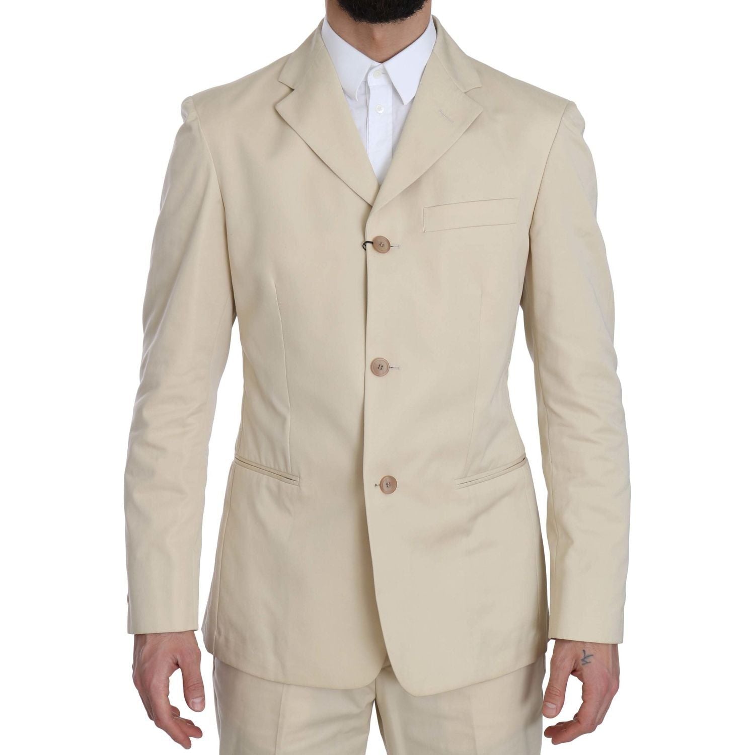 Romeo Gigli | Two Piece 3 Button Beige Cotton Solid Suit | McRichard Designer Brands