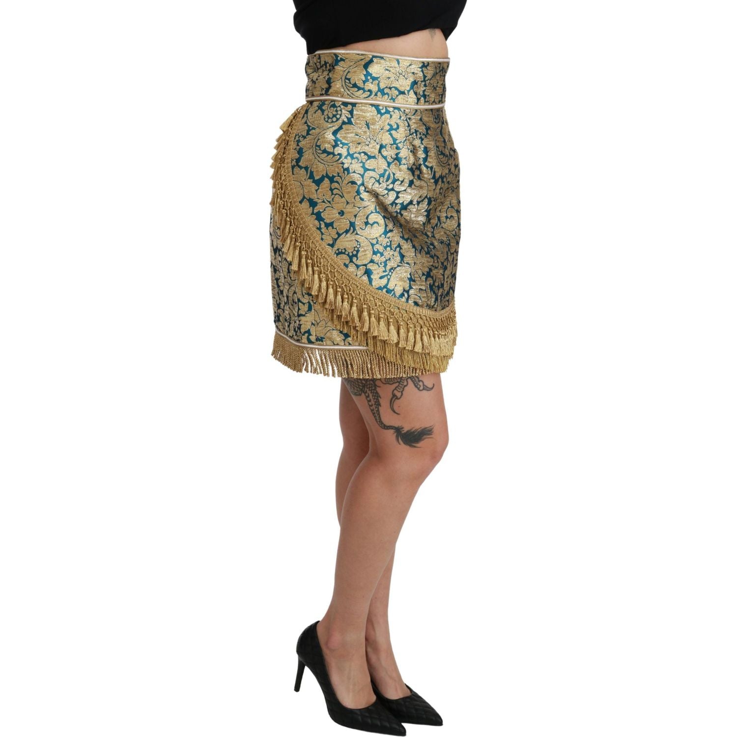 Dolce & Gabbana | Blue High Waist Jacquard Tassel Gold Skirt | McRichard Designer Brands