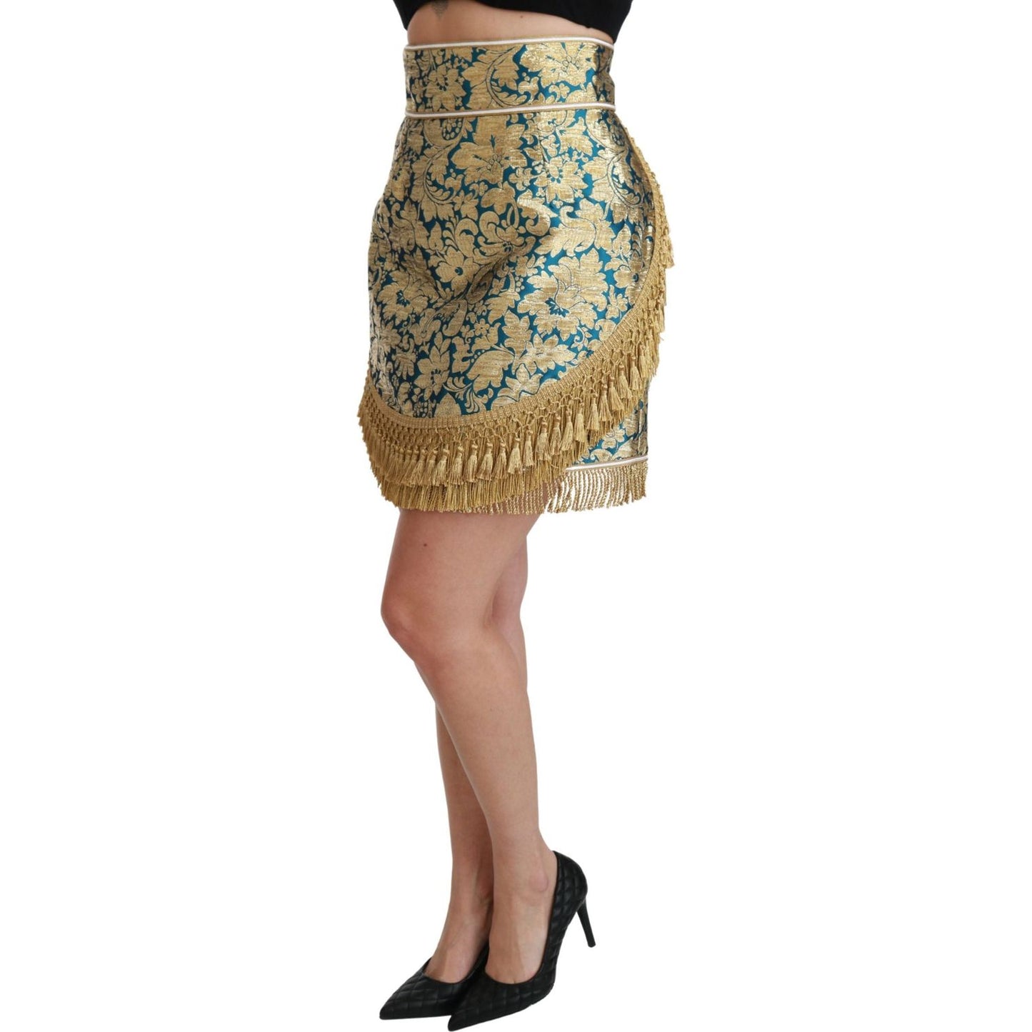 Dolce & Gabbana | Blue High Waist Jacquard Tassel Gold Skirt | McRichard Designer Brands
